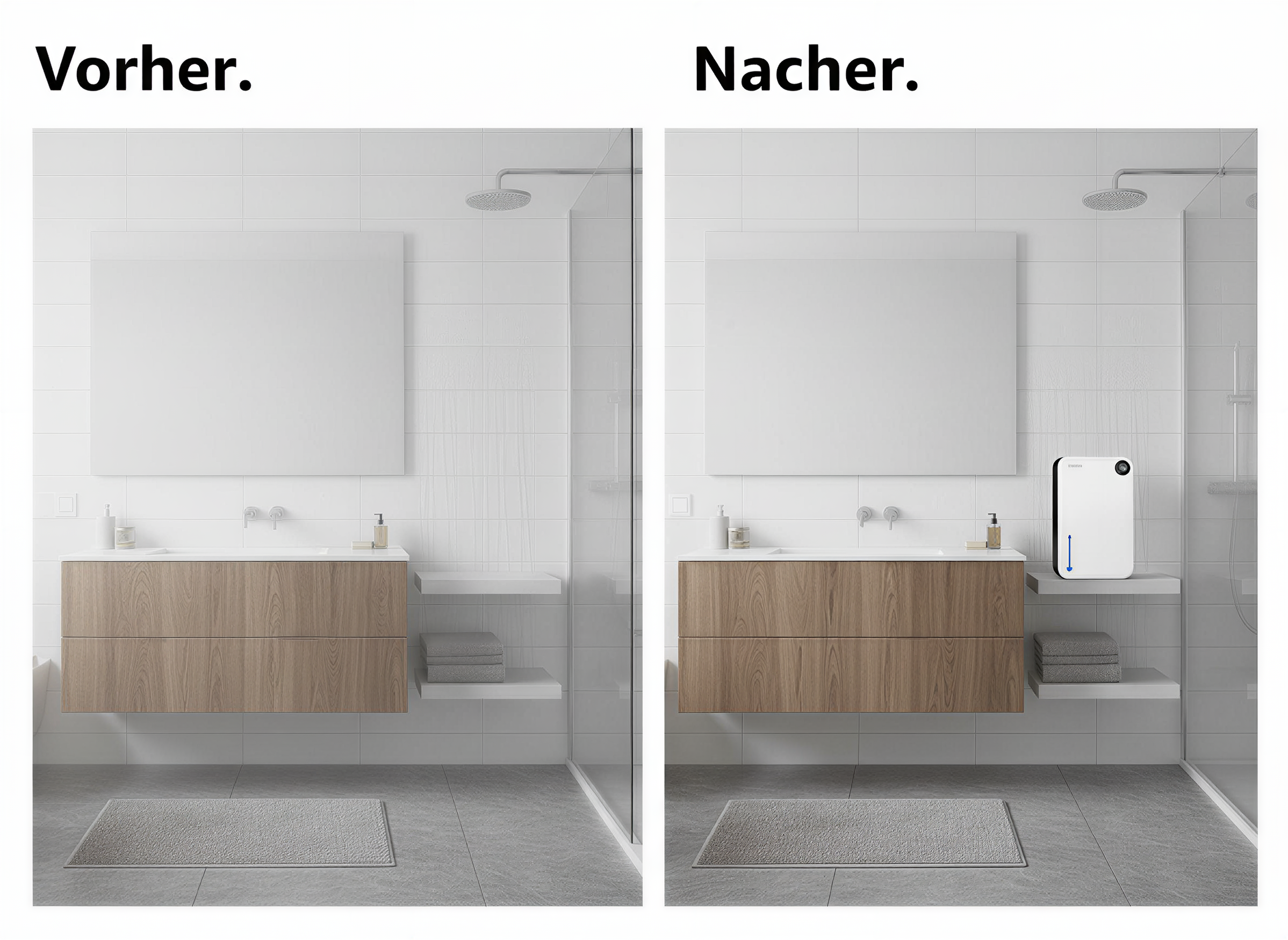 Vergleichsbilder eines Badezimmers mit Holzwaschbecken, links ohne und rechts mit weißem Entfeuchter auf dem Regal.