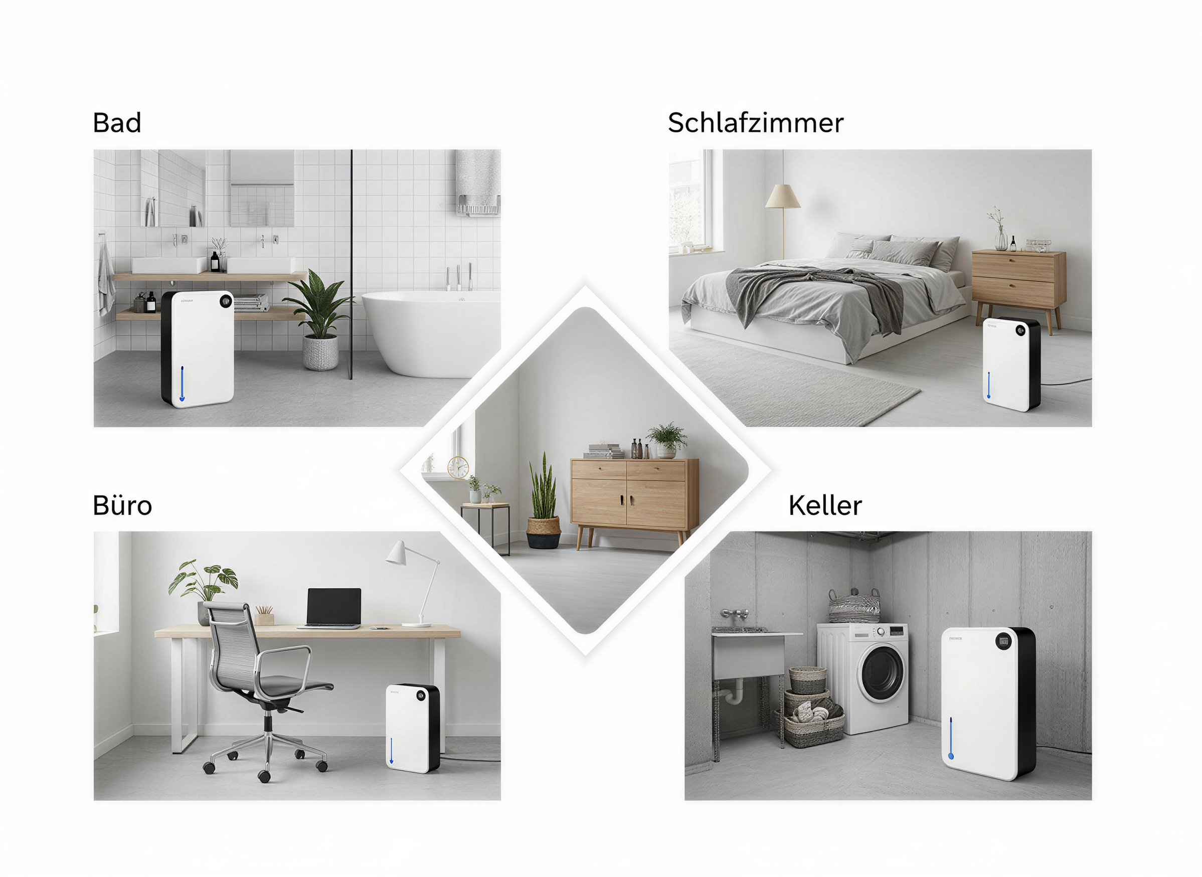 Ein weißer Luftentfeuchter in vier Räumen: Bad, Schlafzimmer, Büro und Keller.