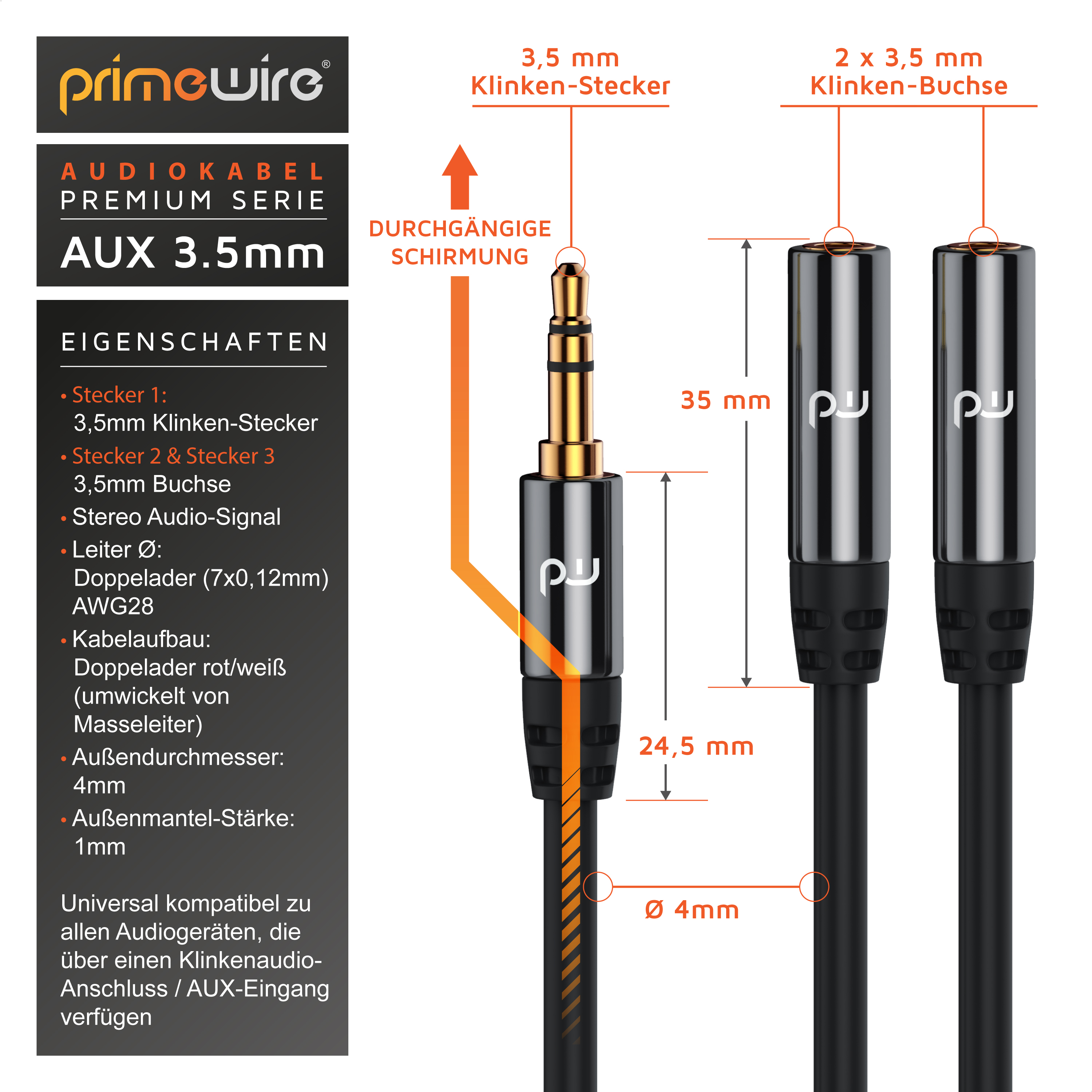 Diagramm eines Primewire AUX 3,5mm Audiokabels mit Maßen und Steckern.