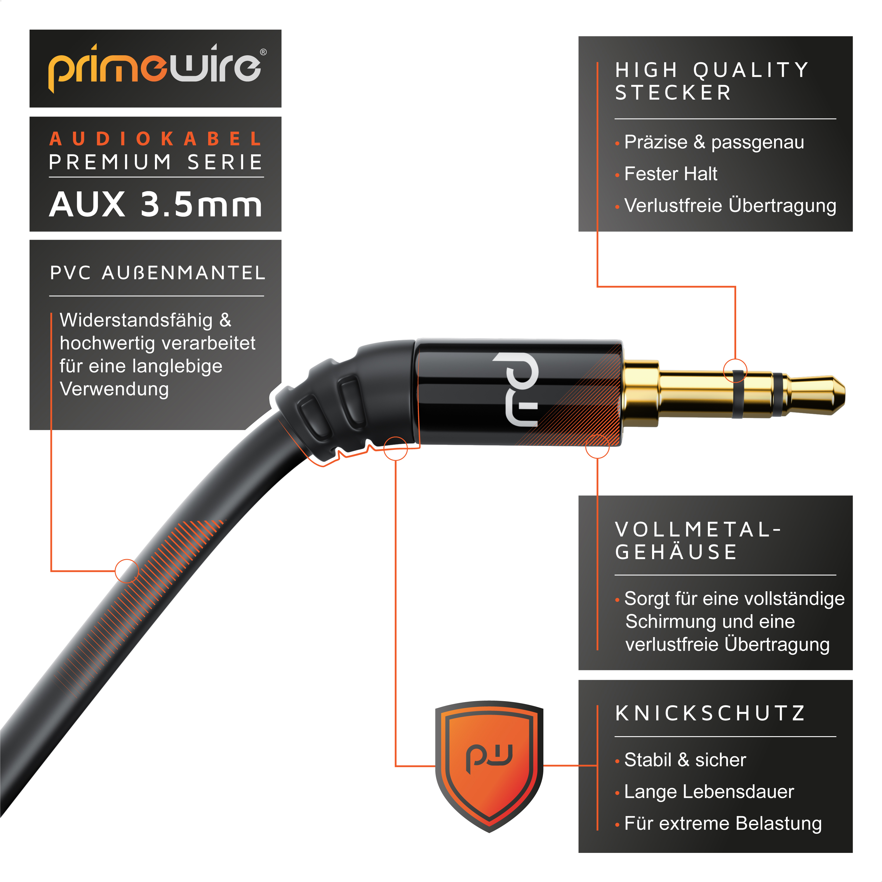 PrimeWire AUX 3.5mm Audiokabel mit PVC-Mantel, Metallgehäuse, Knickschutz und goldenem Stecker.