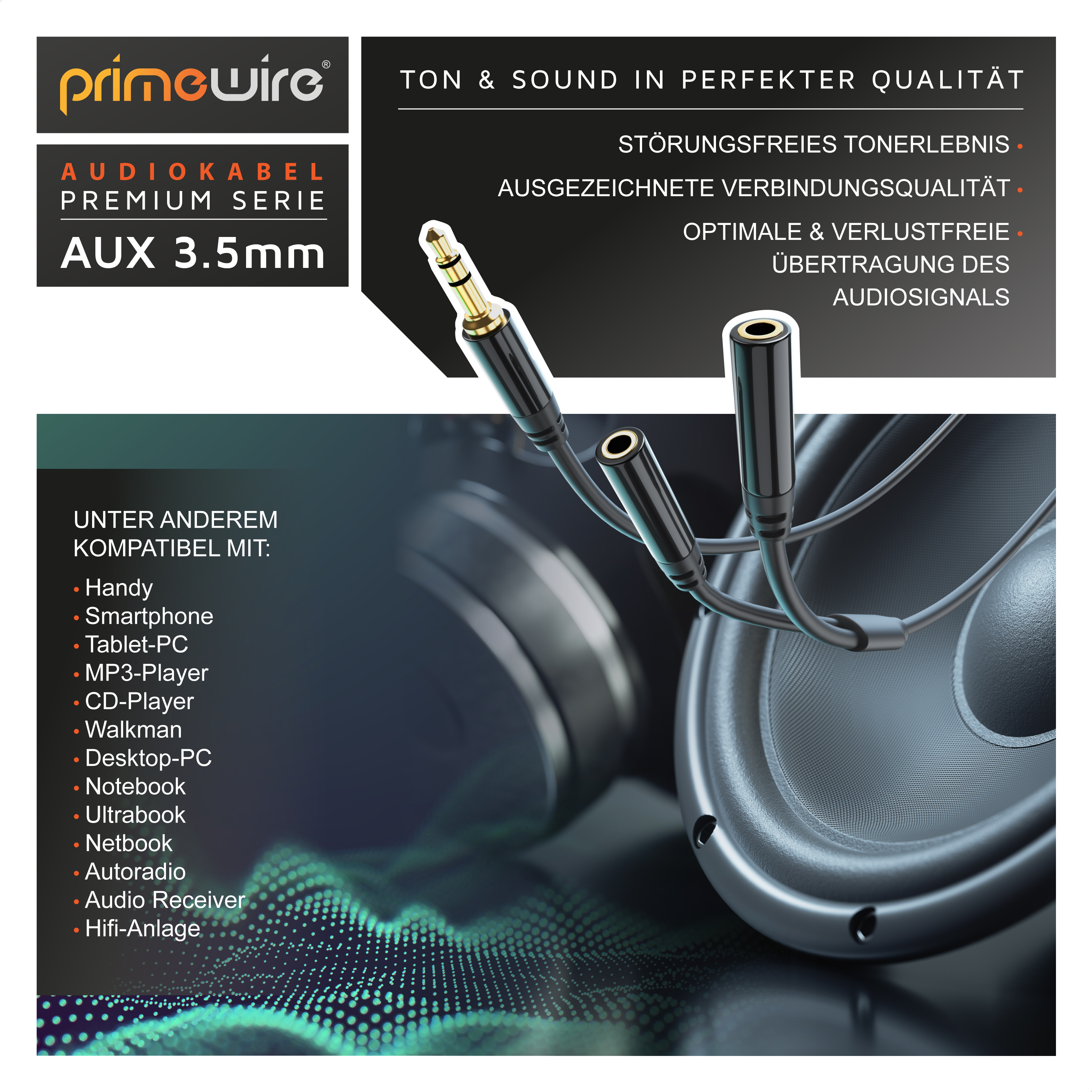 Primewire Premium AUX 3.5mm Audiokabel mit Kopfhörer- und Lautsprecherhintergrund.