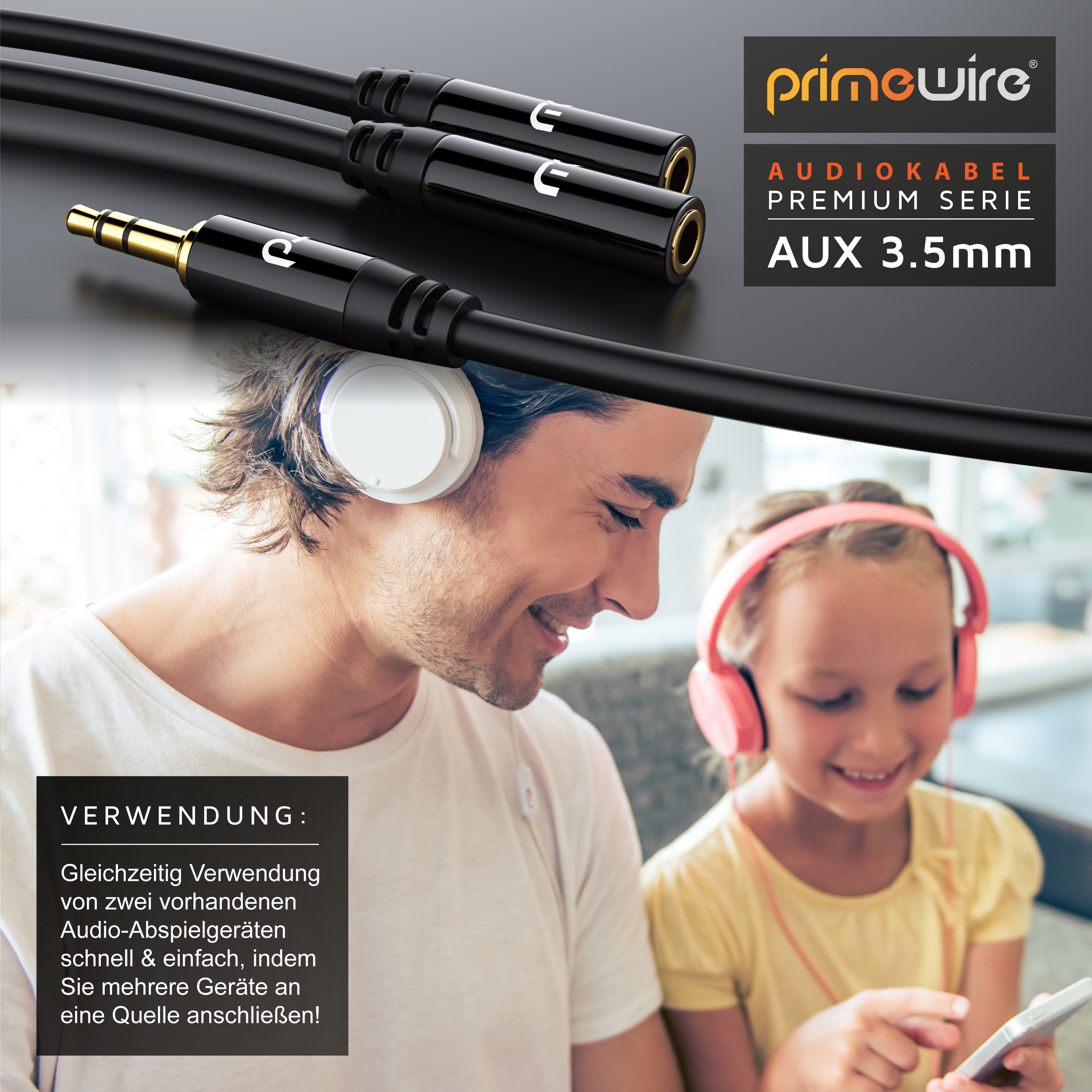 Ein Primewire 3.5mm AUX-Audiokabel mit Mann-zu-Frau-Anschlüssen, während ein Vater und Kind Kopfhörer tragen.
