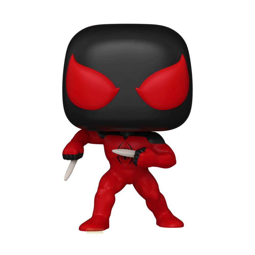Una figura de vinilo Pop negra y roja con grandes ojos y pequeños cuchillos.