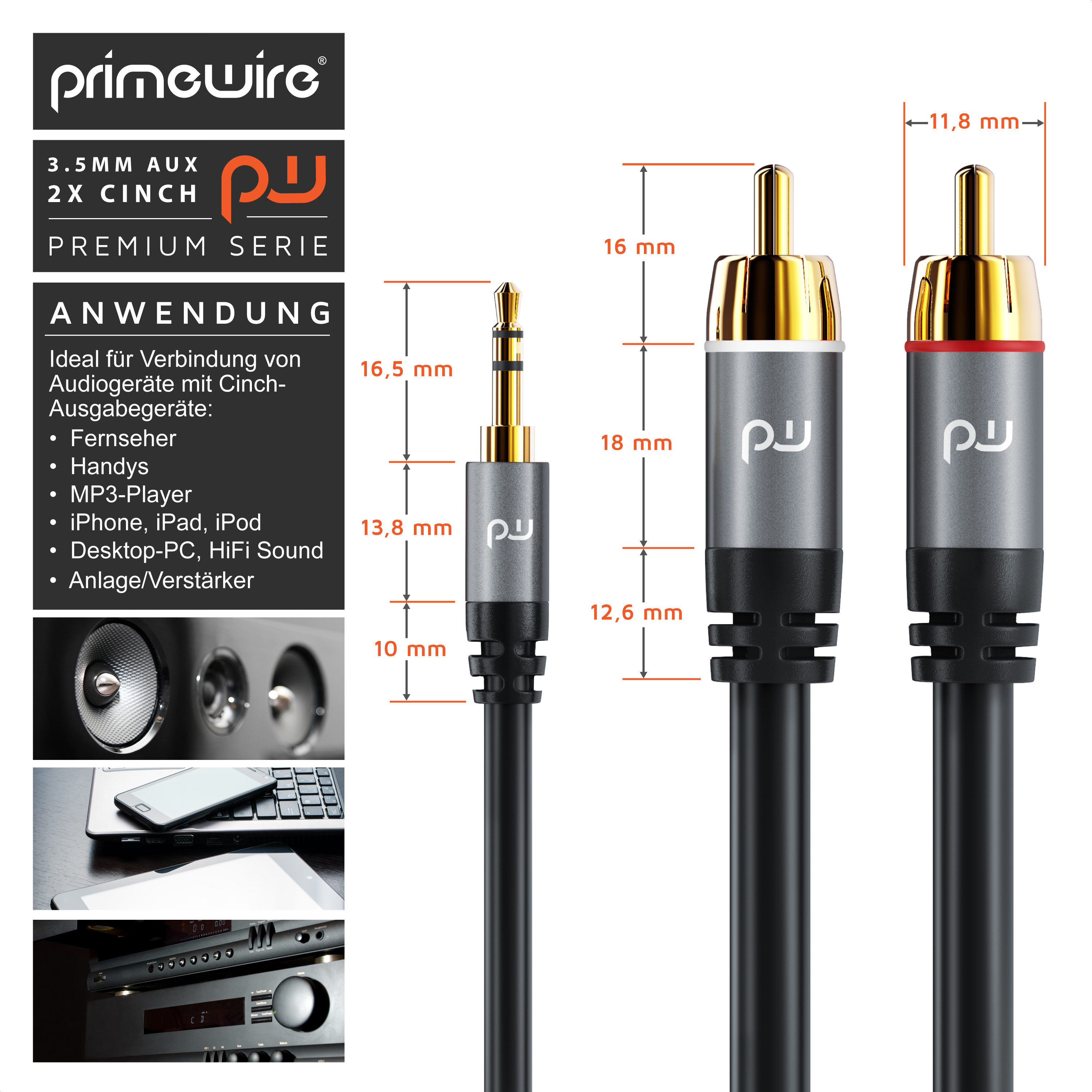 Technische Zeichnung mit Maßangaben für Primewire 3.5mm Klinke auf 2 Cinch Audiokabel.