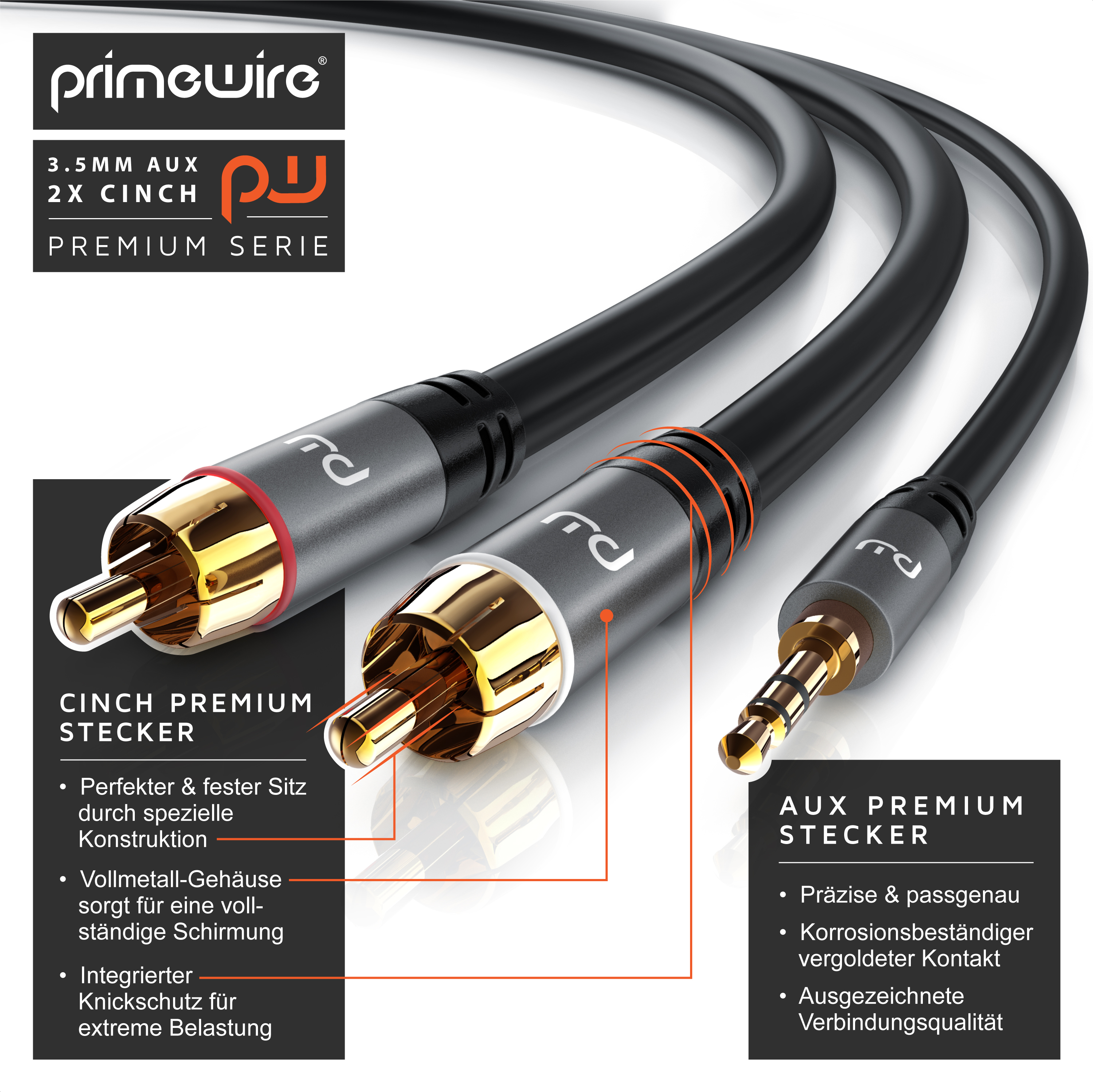 Primewire 3.5mm Aux zu 2x Cinch Audiokabel mit vergoldeten Anschlüssen und Texten.