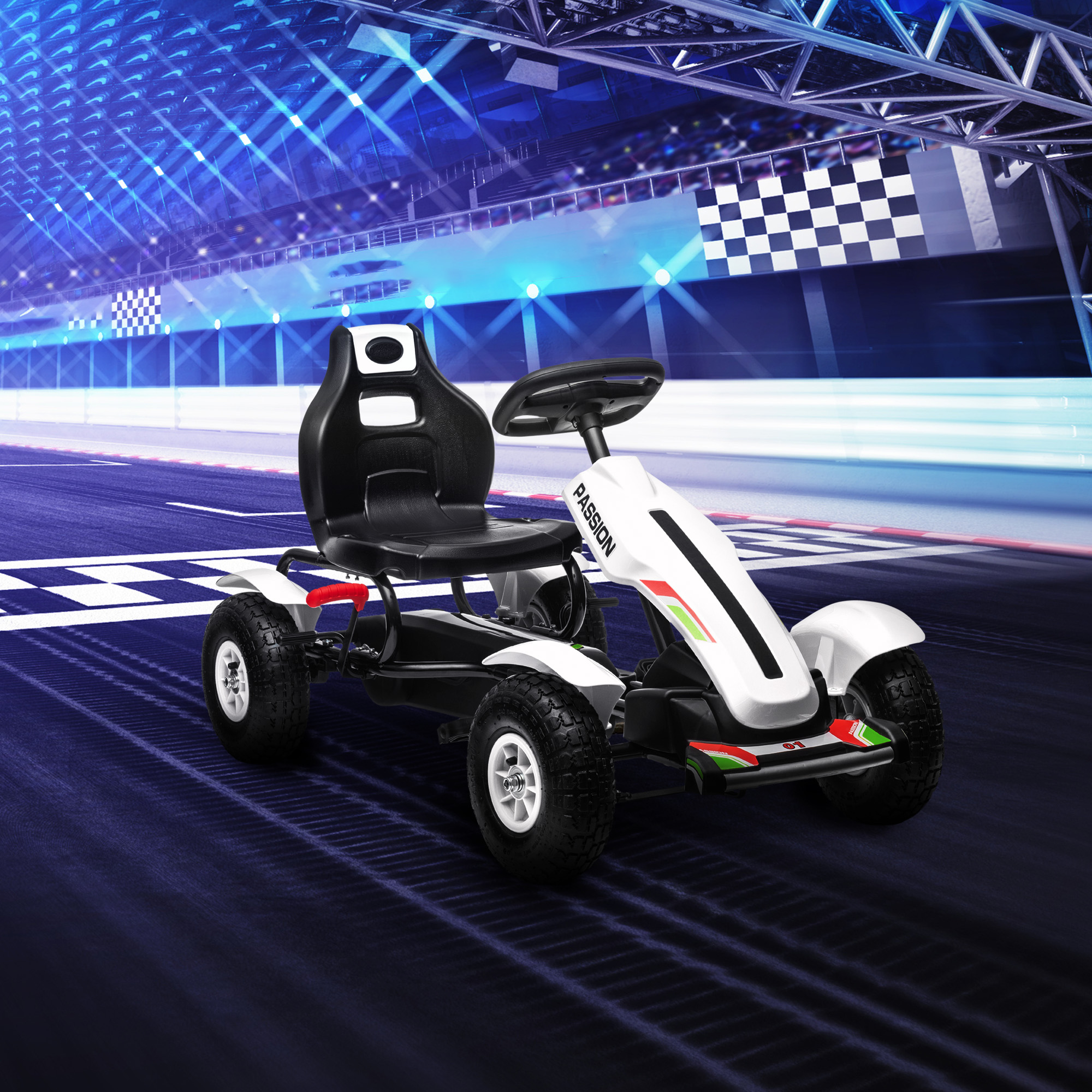 Un go-kart per bambini bianco e nero su una pista da corsa con motivi a scacchi e illuminazione blu.