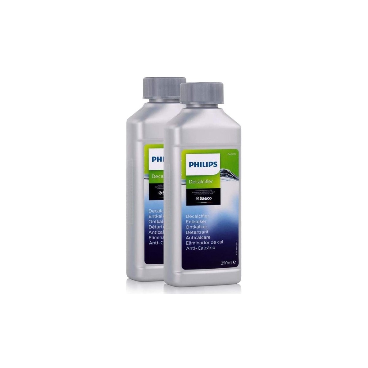 Dos botellas grises de descalcificador Philips con etiquetas azul y blanca y tapas grises, lado a lado.
