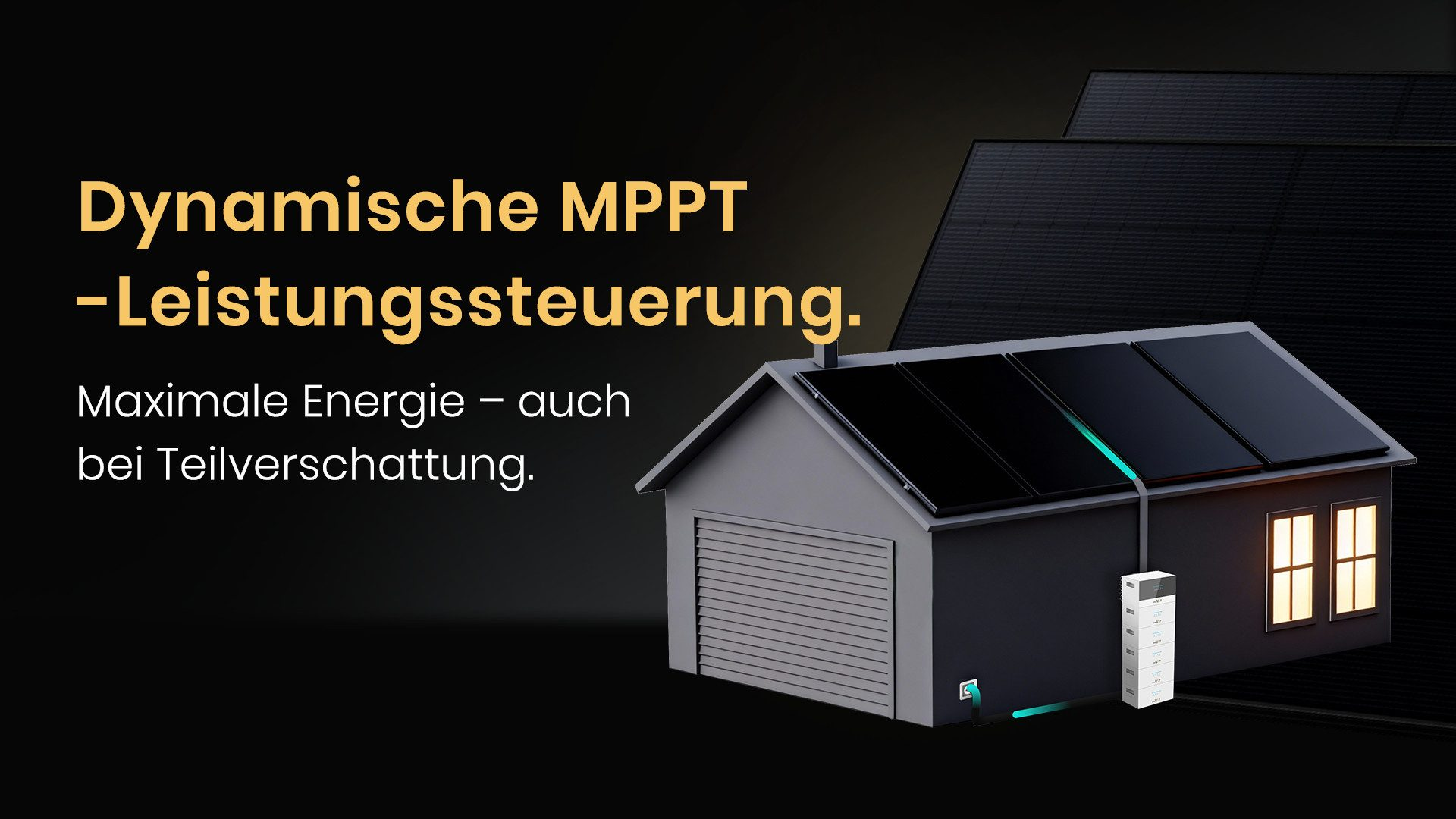Grafik zeigt ein Haus mit Solaranlagen, Akkusystem und deutschem Text zur MPPT-Leistungssteuerung.