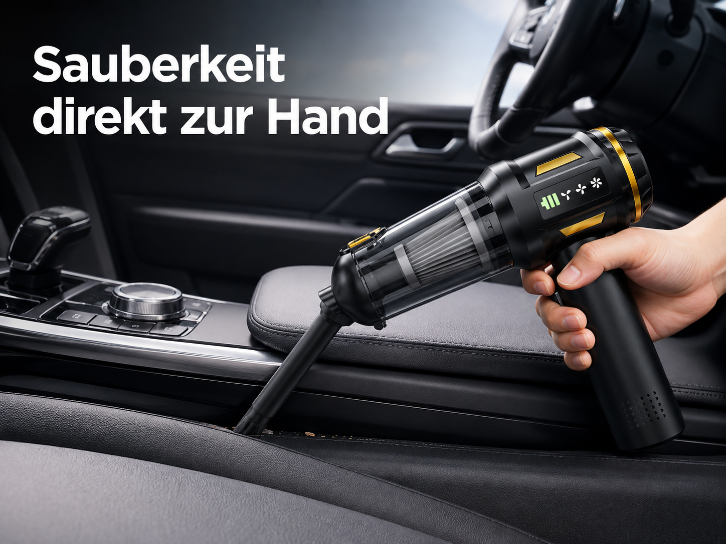 Eine Hand hält einen schwarzen Handstaubsauger in einem Auto, der Text lautet Sauberkeit direkt zur Hand.