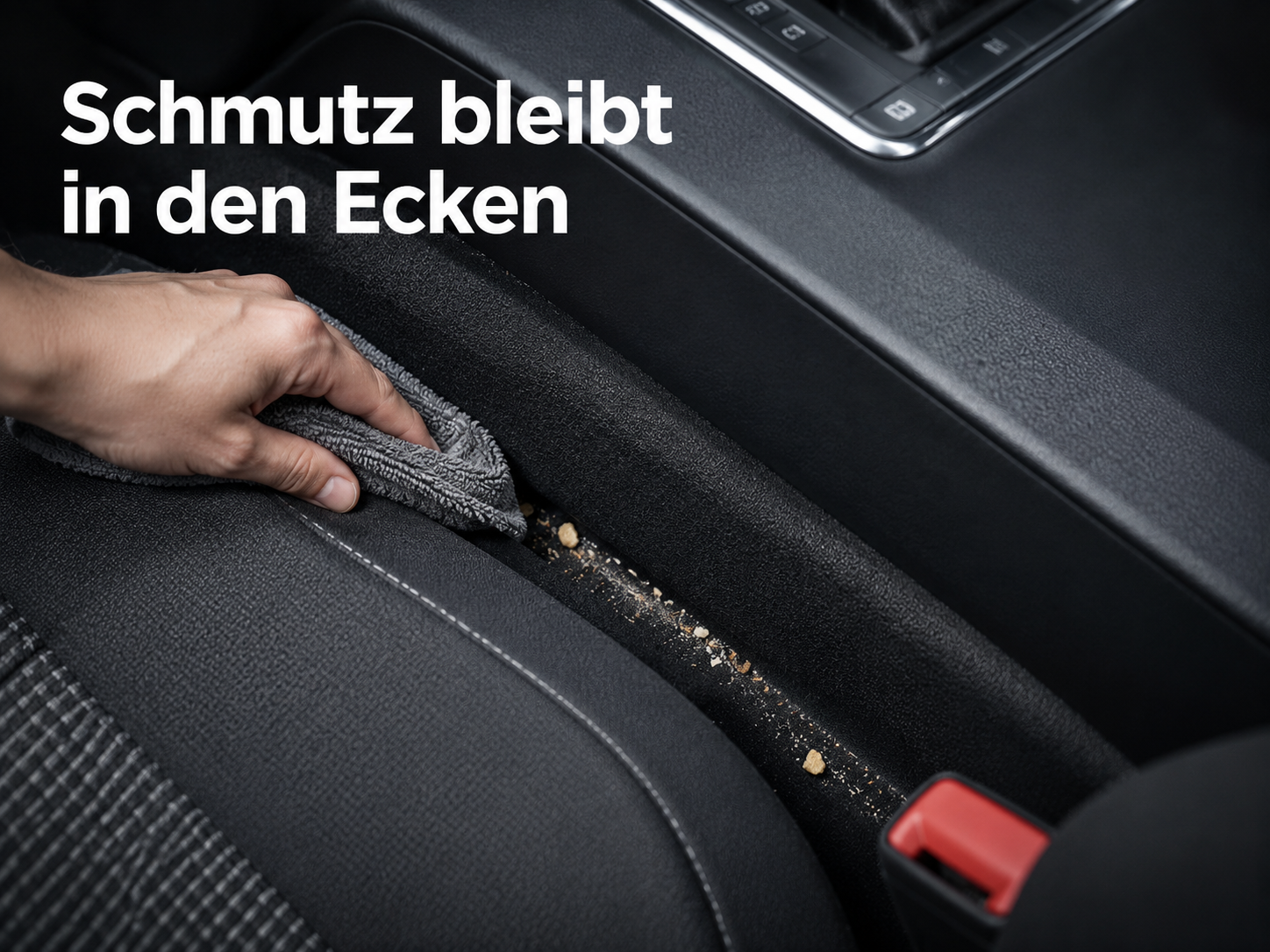 Eine Hand reinigt den Schmutz in den Ritzen eines Autositzes mit einem Tuch.