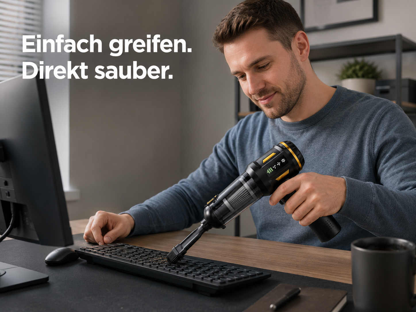 Ein Mann reinigt mit einem Handstaubsauger eine Tastatur auf einem Schreibtisch.