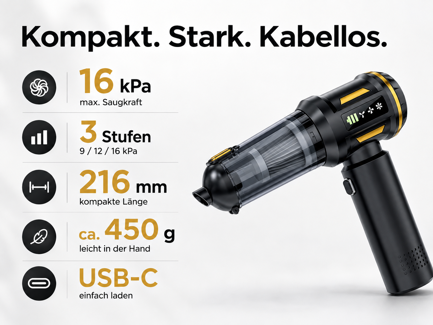 Handstaubsauger mit Produktmerkmalen auf weißem Hintergrund.