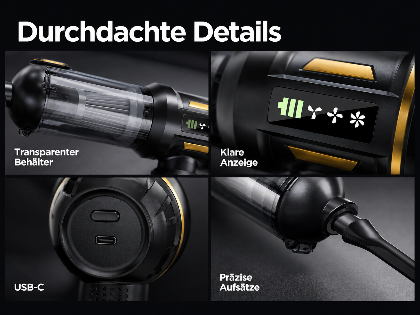 Vier Detailbilder eines schwarzen Handstaubabsaugers zeigen den Behälter, die Akkuanzeige, den USB-C-Anschluss und Aufsätze.
