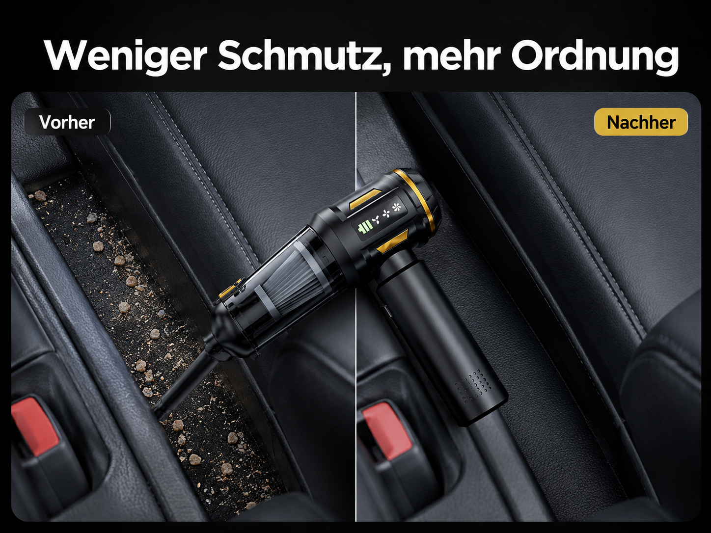 Vorher-Nachher-Vergleich zeigt einen schmutzigen Autositzspalt und einen sauberen nach der Reinigung mit einem Staubsauger.