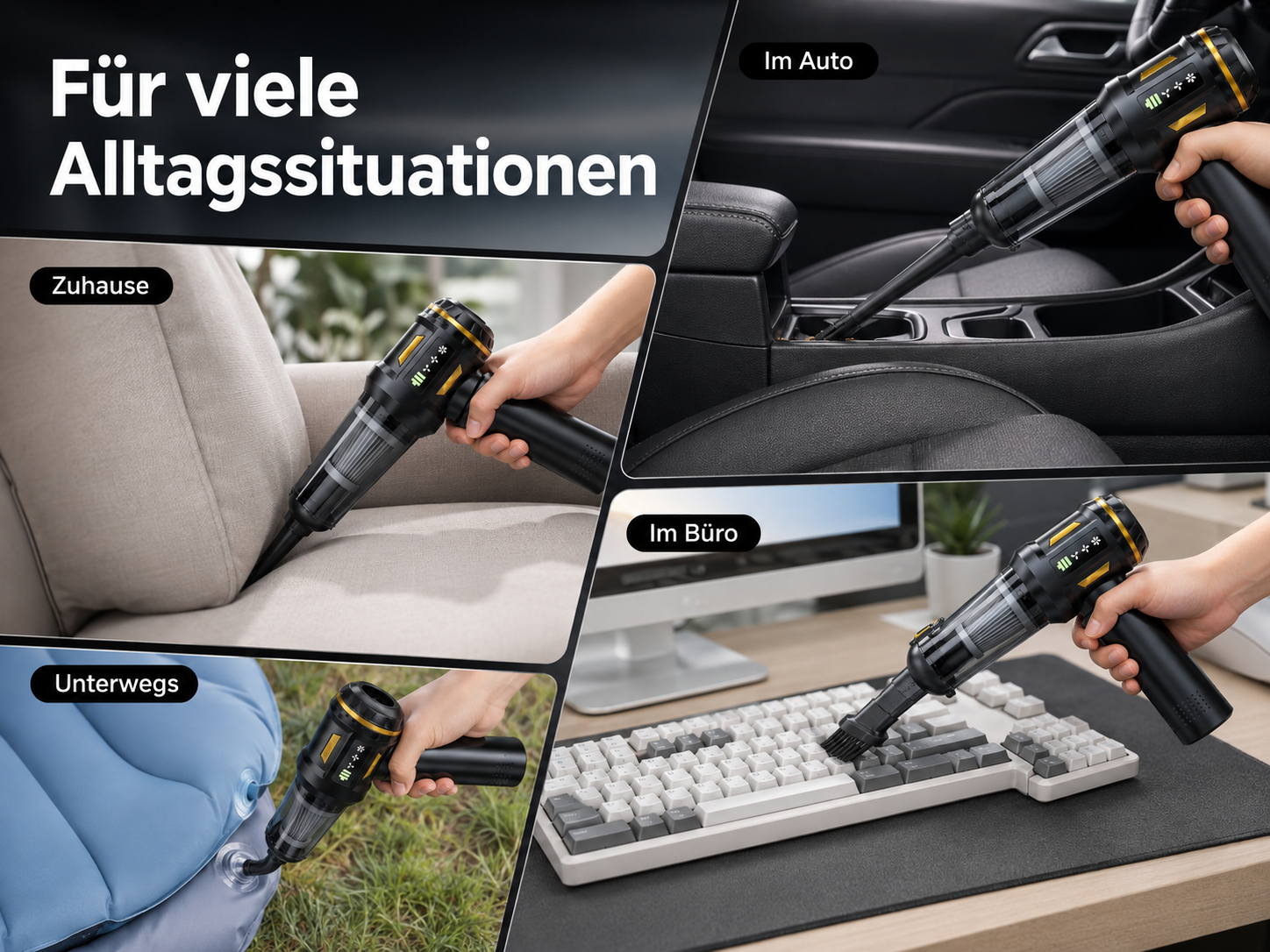 Ein tragbarer Handstaubsauger wird in vier verschiedenen Alltagssituationen verwendet: im Auto, Sofa, Büro und draußen.