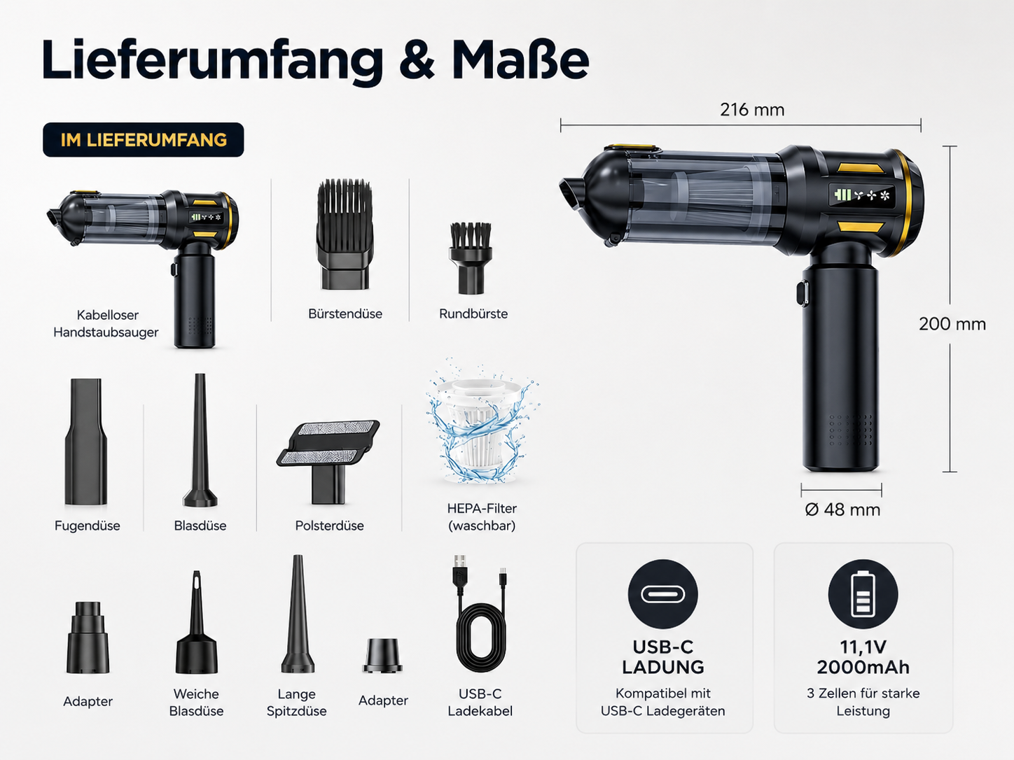 Lieferumfang und Maße eines kabellosen Handstaubaugers mit verschiedenen Aufsätzen und USB-C-Ladekabel.