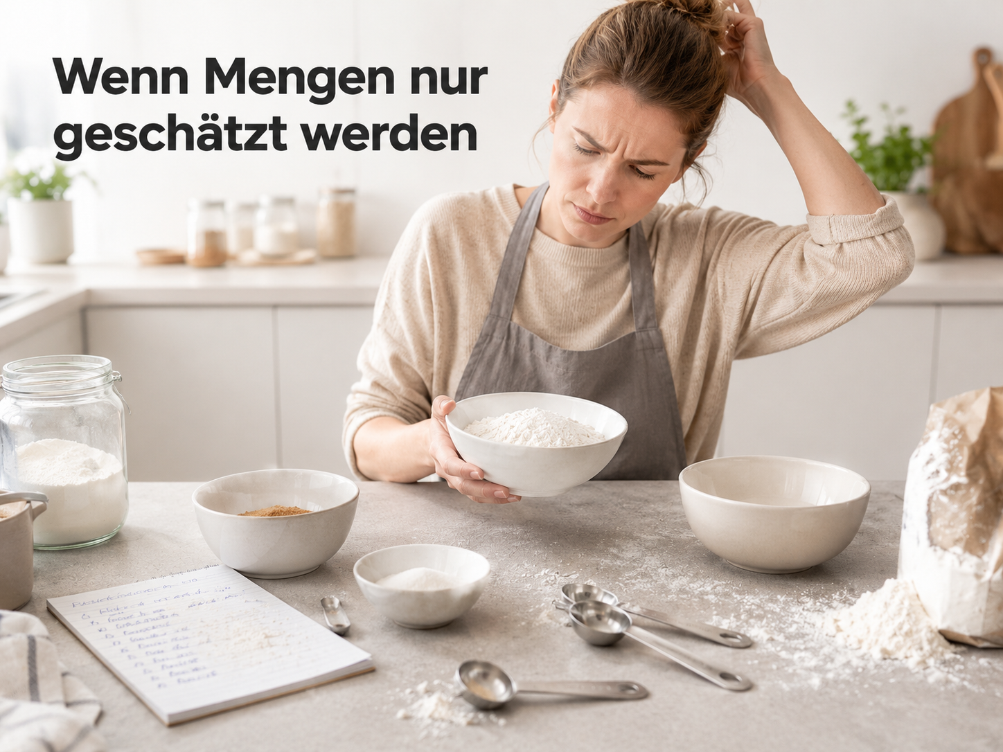 Eine verwirrte Frau in einer Küche schaut auf eine Schüssel Mehl, umgeben von Backzutaten und einem Rezept.
