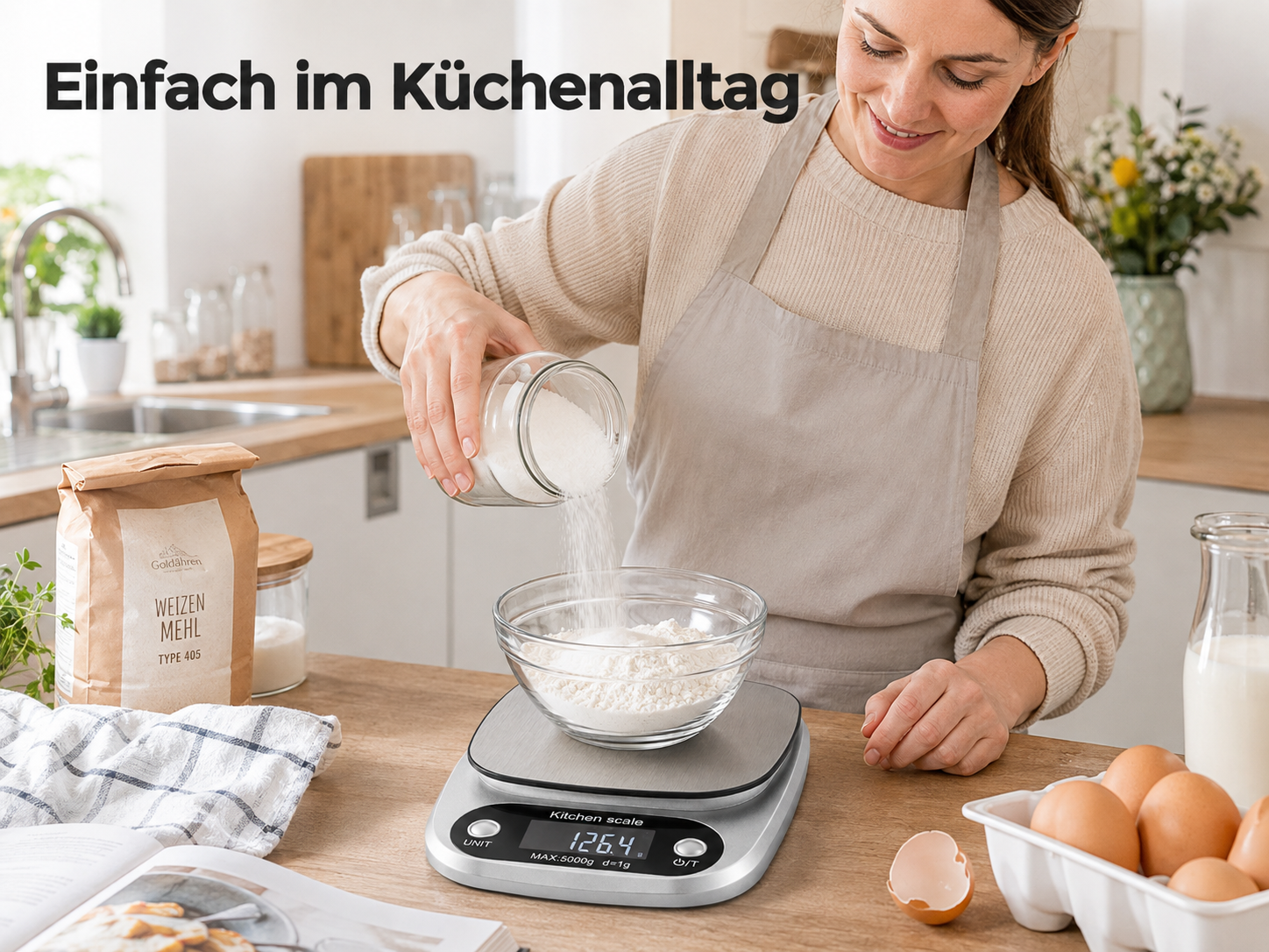 Eine Frau in einer Küche gießt Mehl aus einem Glas in eine Schüssel auf einer digitalen Küchenwaage.