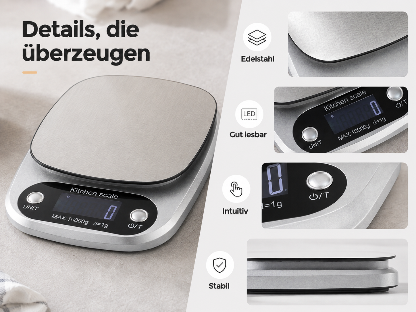 Digitale Küchenwaage mit Edelstahlplattform und LCD-Display, gezeigt mit Detailaufnahmen von Funktionen.