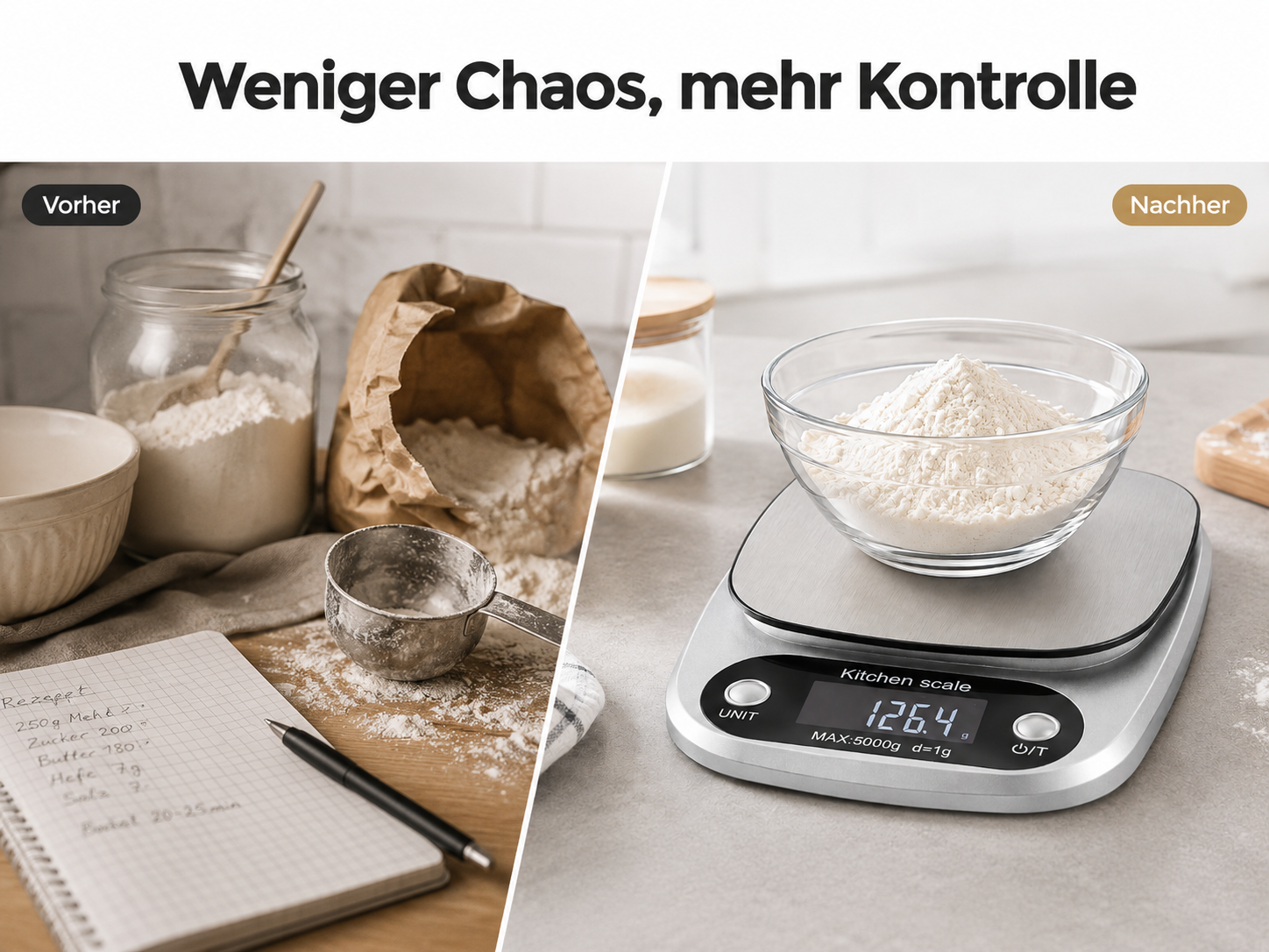 Vorher: Ein unordentlicher Küchentisch mit Mehl und Rezept. Nachher: Eine saubere digitale Küchenwaage mit Mehl.