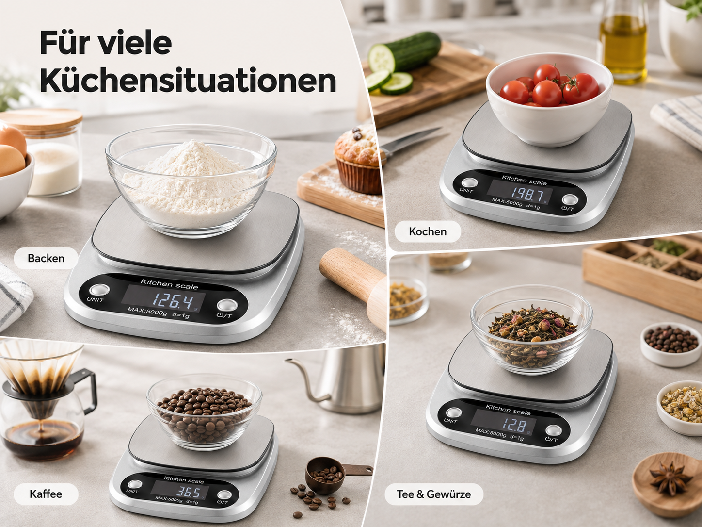 Eine Collage zeigt eine digitale Küchenwaage beim Wiegen von Mehl, Tomaten, Kaffeebohnen und Kräutern.