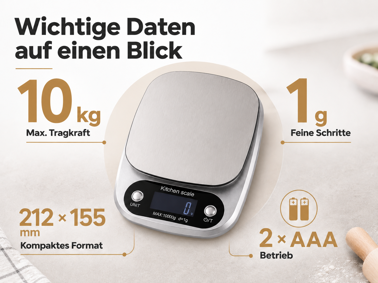 Digitale Küchenwaage aus Edelstahl mit 10 kg Kapazität und 1g Teilung, umgeben von Produktdetails.