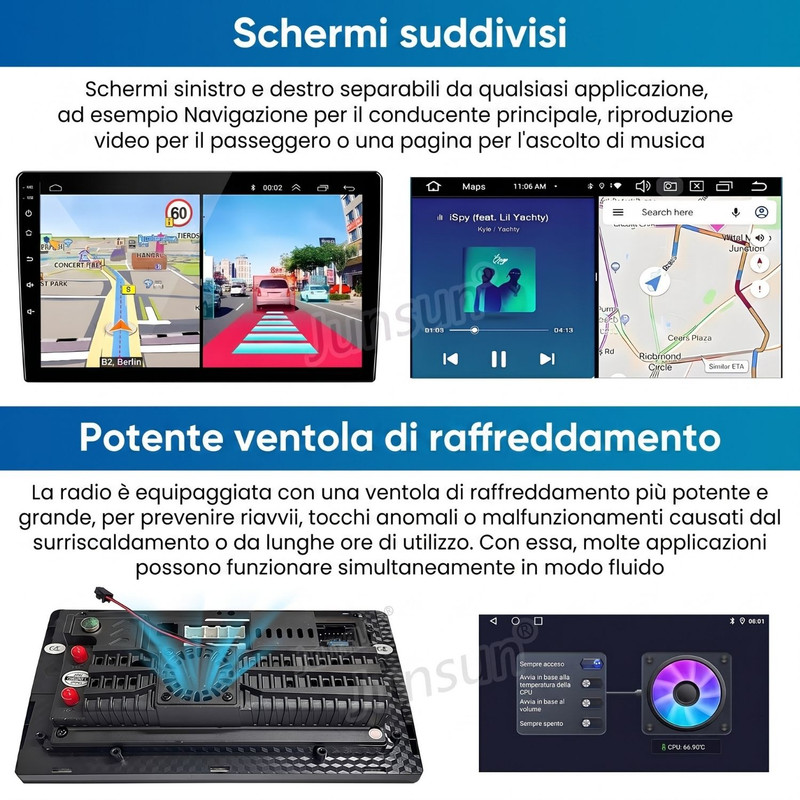 Schermo autoradio con navigazione divisa e app multimediali, con pannello ventola posteriore.