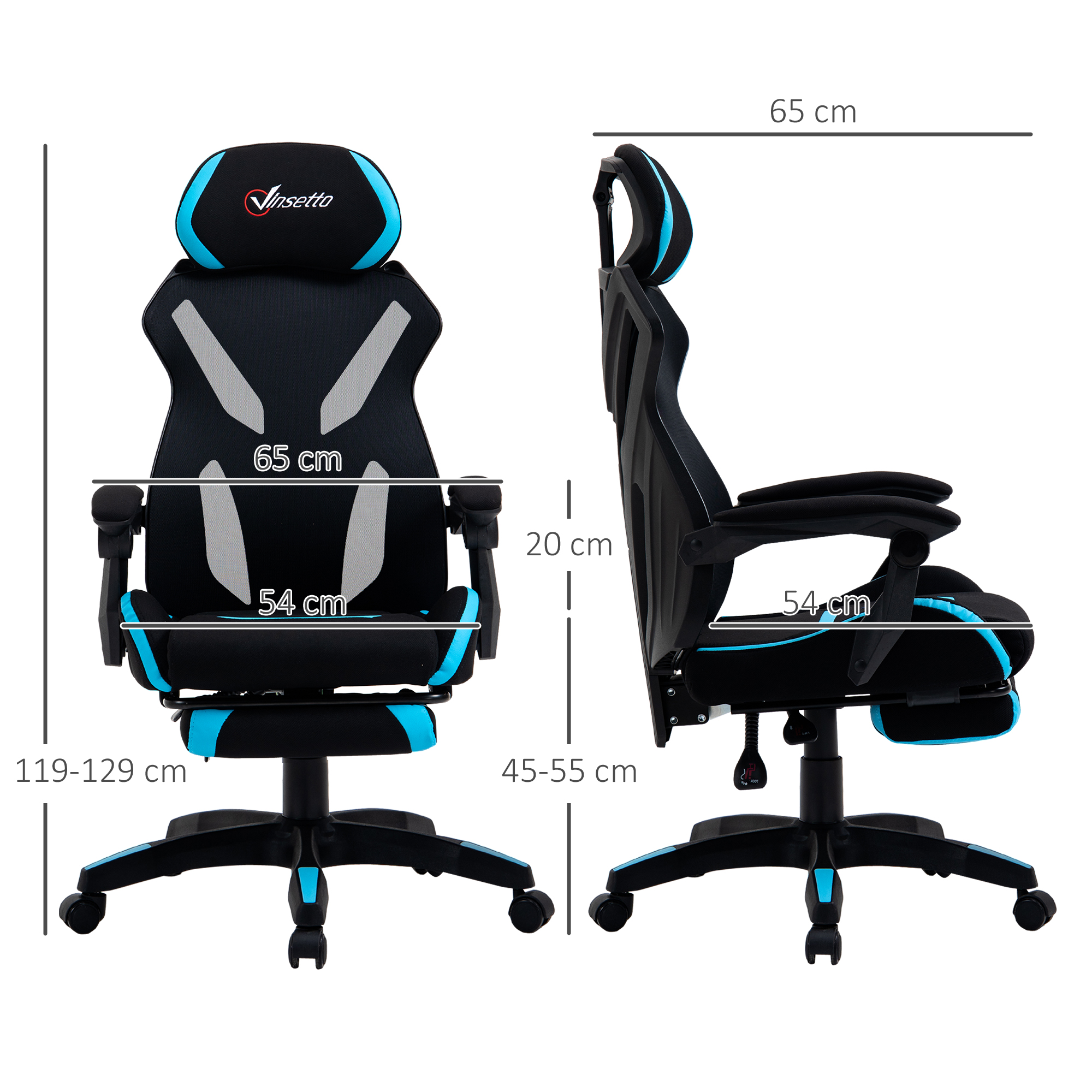 Sedia da gaming nera e blu con misure di dimensioni mostrate frontalmente e di lato su sfondo bianco.