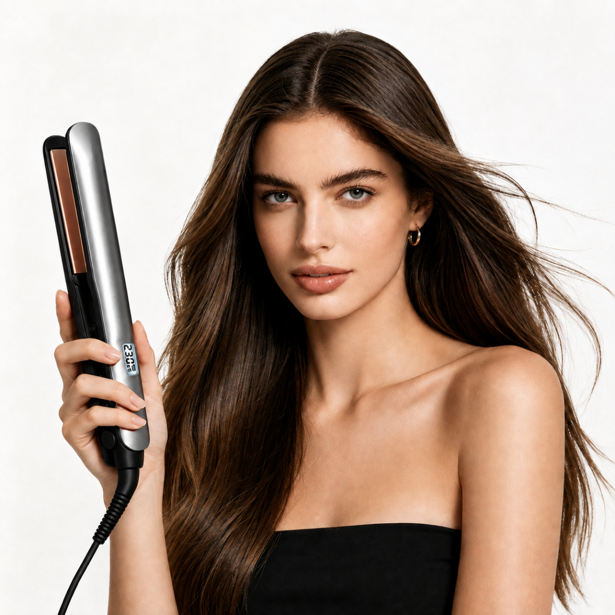 Una mujer castaña con top negro sostiene una plancha de pelo plateada con pantalla digital sobre fondo blanco.