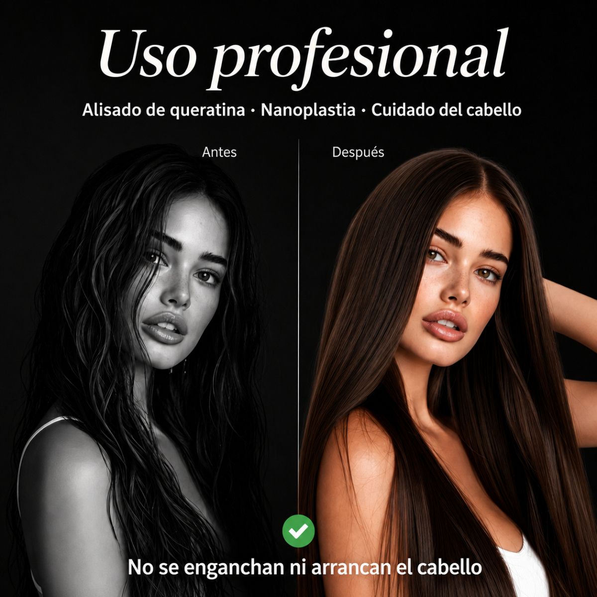 Comparación capilar: la izquierda muestra cabello oscuro y ondulado antes, la derecha liso y marrón después.