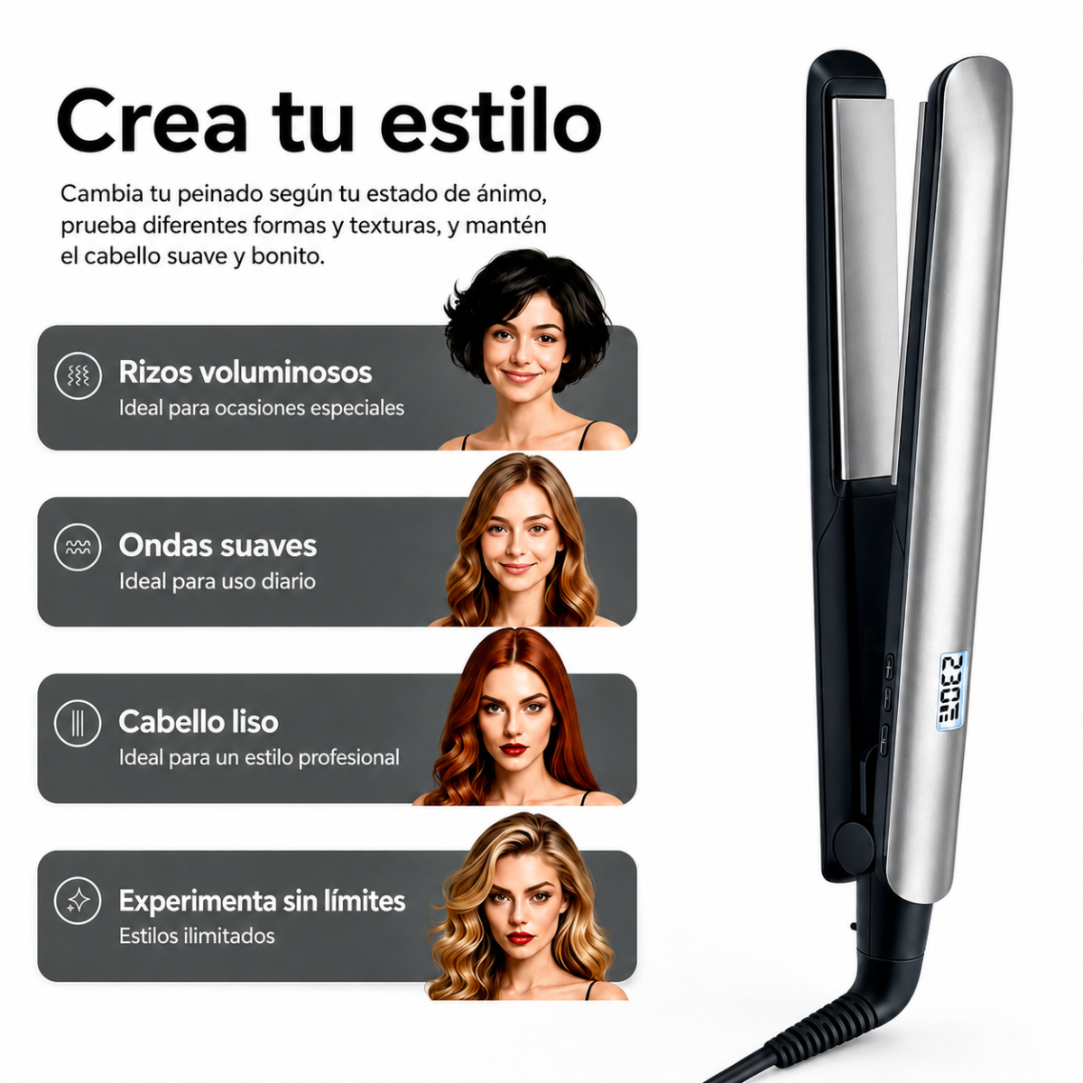 Una plancha de pelo plateada y negra junto a un anuncio que muestra cuatro mujeres con peinados diferentes.