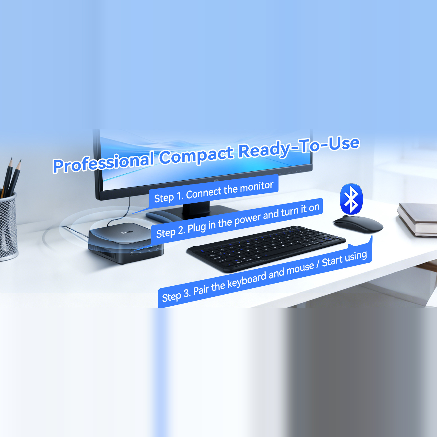 A compact mini PC on a desk with a monitor, keyboard, and mouse showing setup steps.