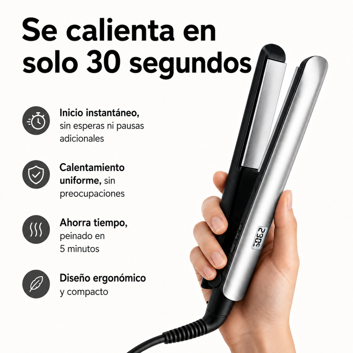 Mano sosteniendo una plancha de pelo plateada y negra con pantalla digital, junto a texto en español.