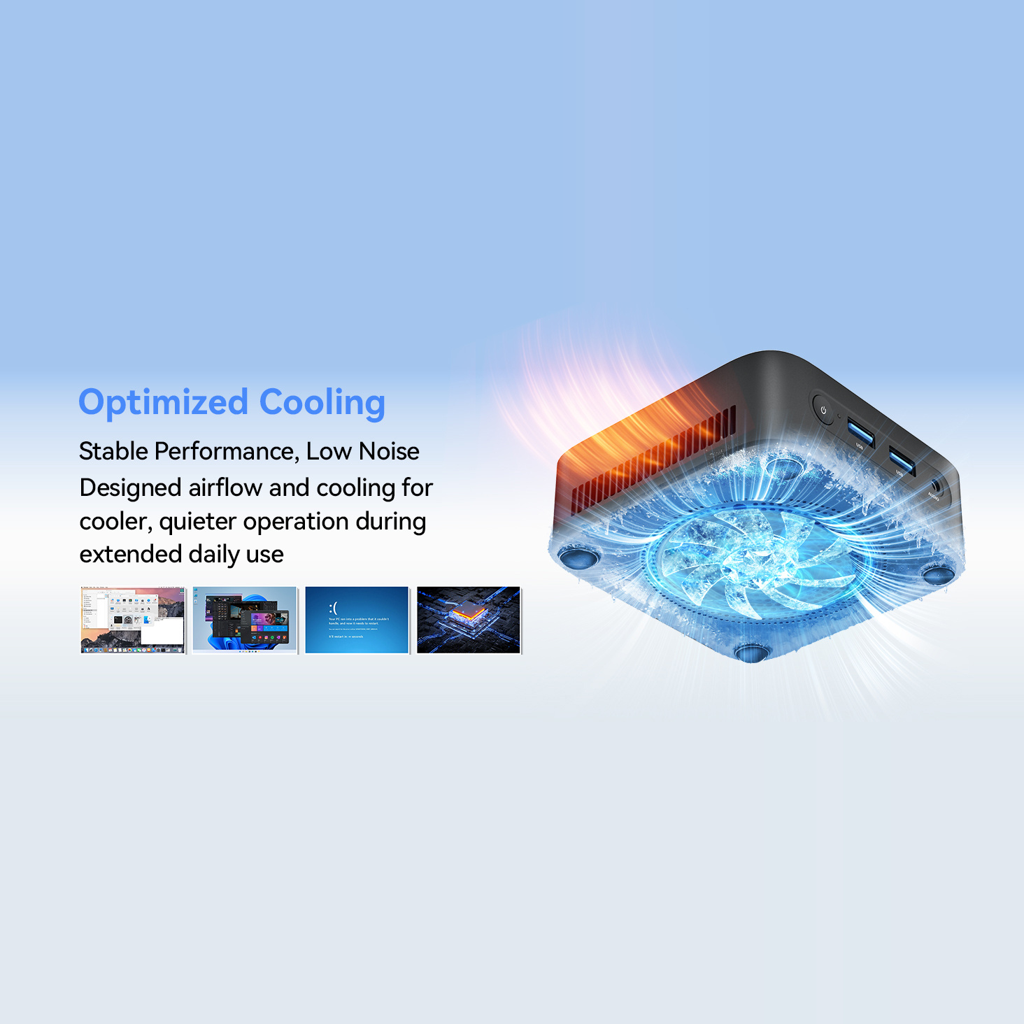 A mini PC with internal glowing blue fan and orange heat graphics, promoting optimized cooling and stable performance.