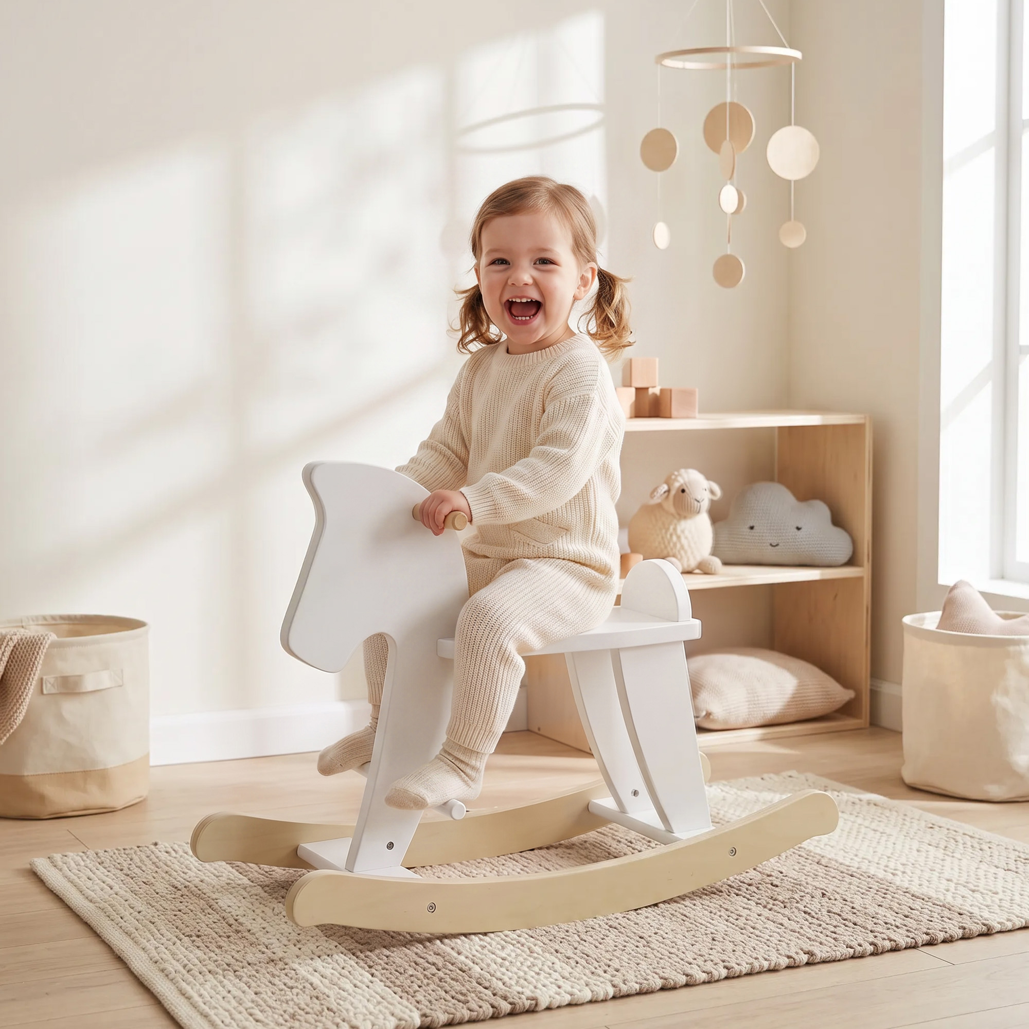 Felice bambino in abito beige ride mentre cavalca un cavallo a dondolo bianco in una stanza dei bambini luminosa.