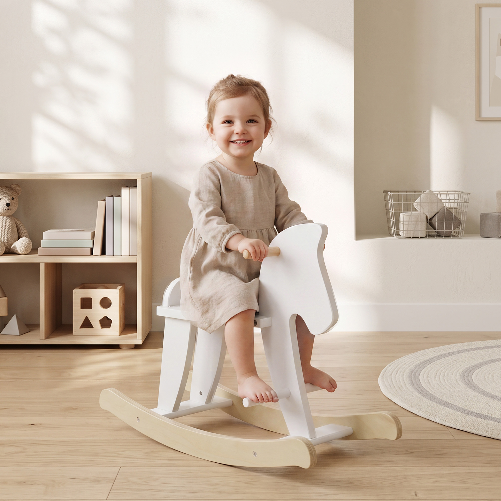 Un bambino sorridente con un vestito beige gioca su un cavallo a dondolo bianco in una stanza luminosa.