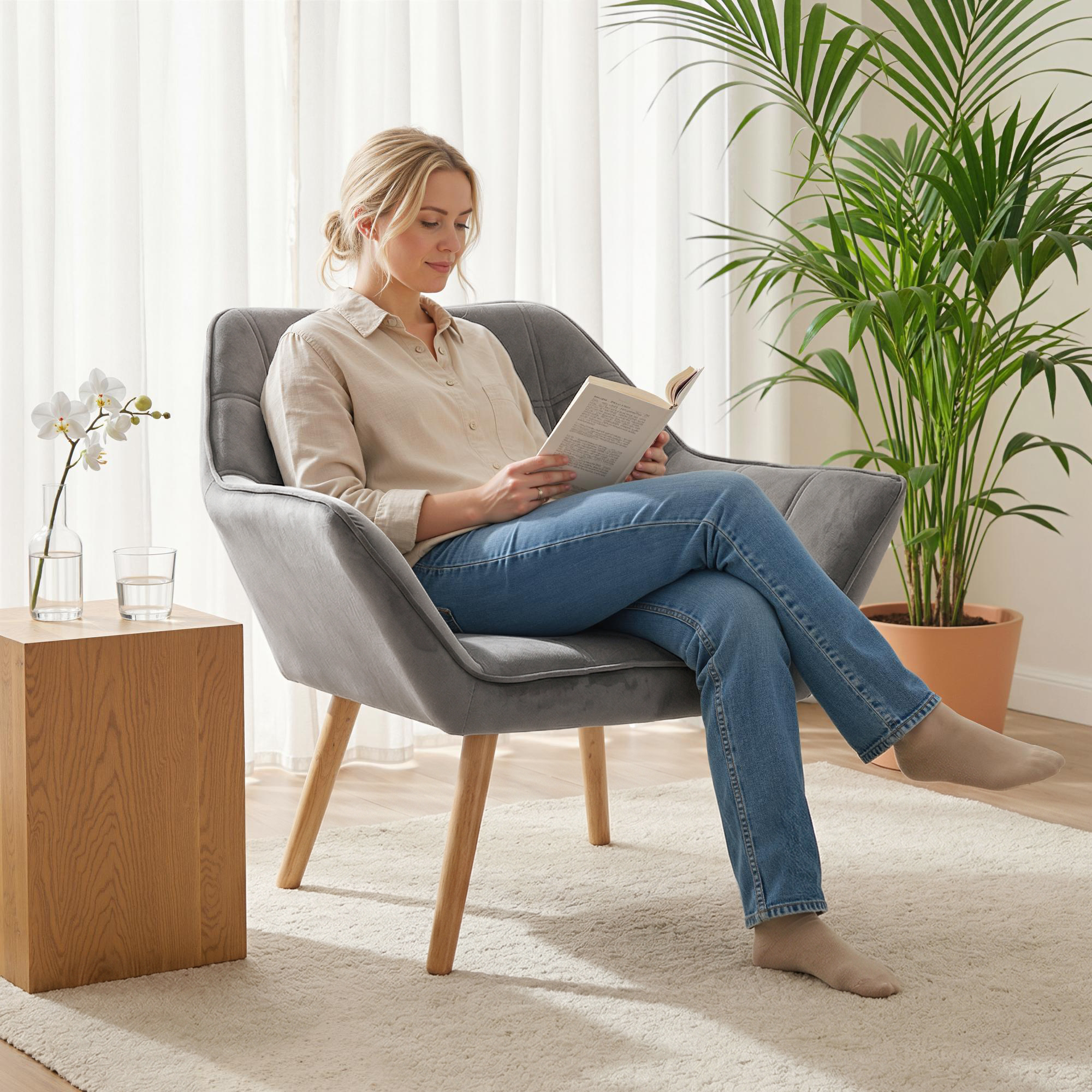 Una donna bionda in jeans siede su una poltrona grigia e legge un libro in una stanza luminosa.