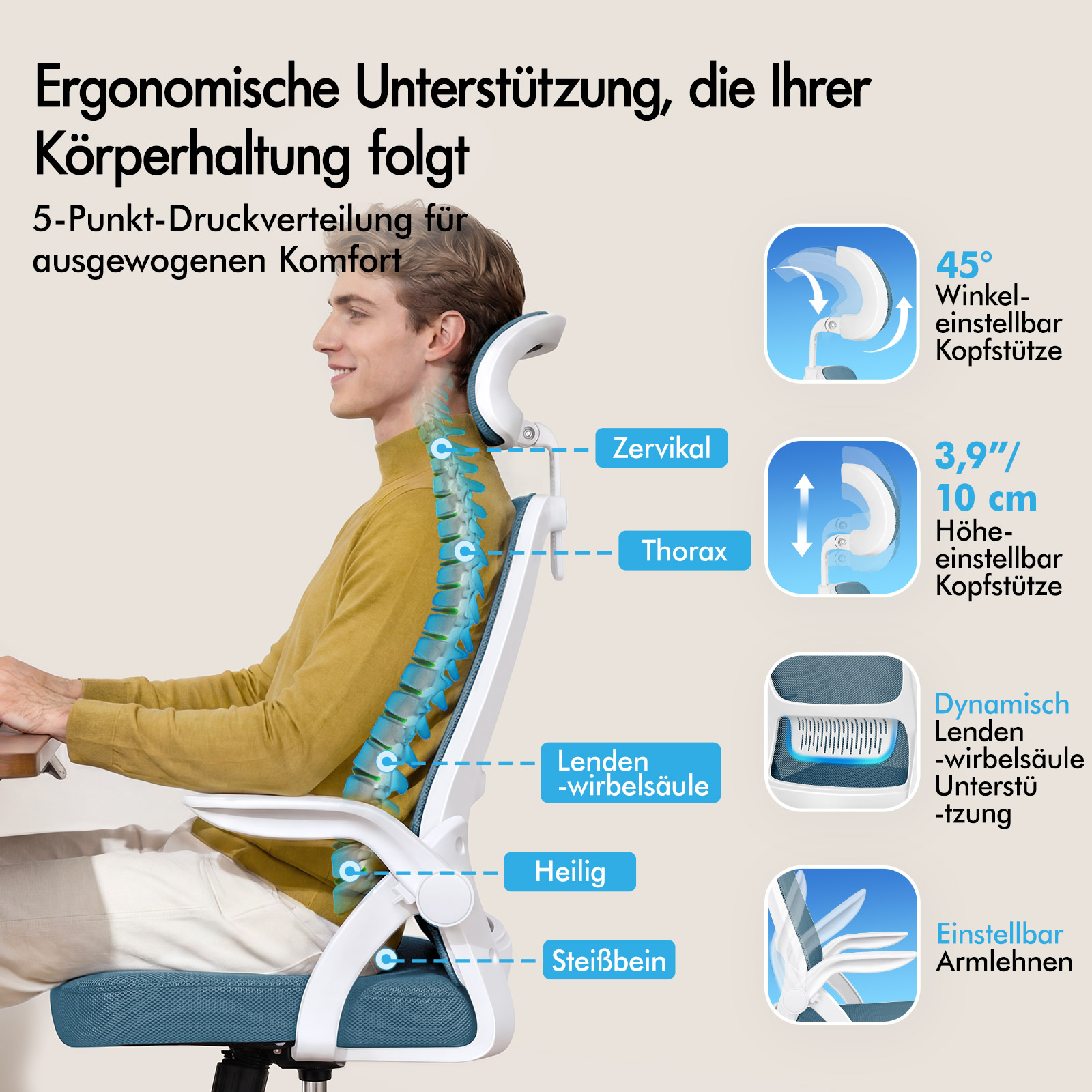 Ein Mann sitzt auf einem Bürostuhl mit sichtbarer Wirbelsäulenunterstützung und Einstellungssymbolen.