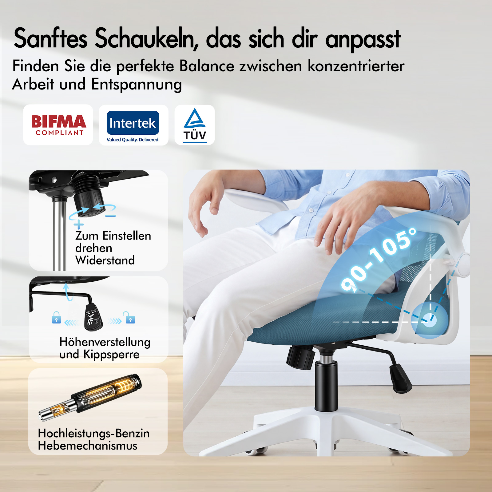 Bürostuhl mit verstellbarer Neigung und Höhe sowie Zertifizierungen.