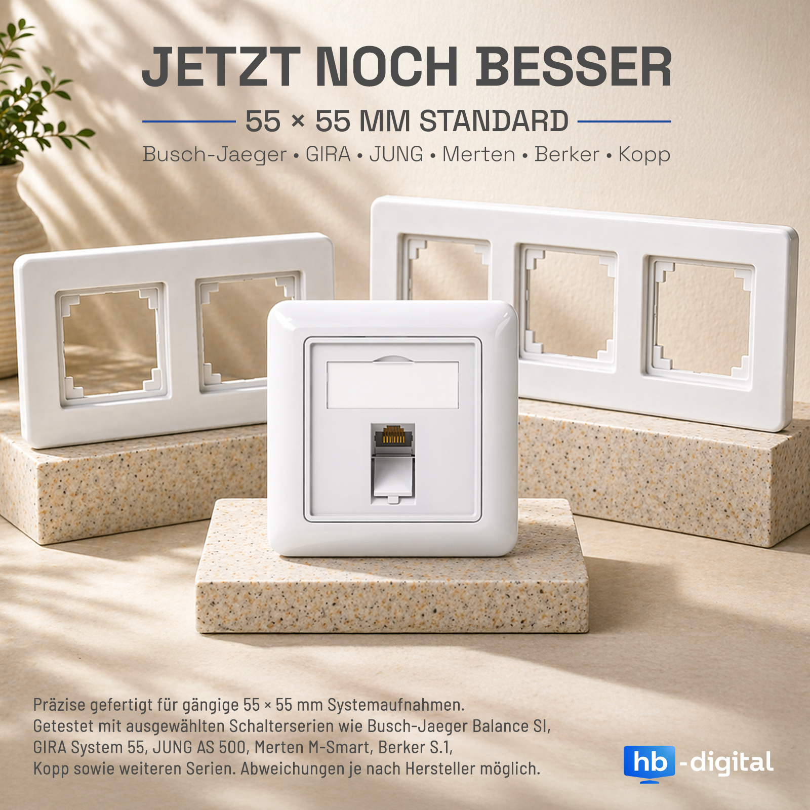 Weiße Netzwerkdose und Rahmen auf Sandsteinblöcken mit Text und Markenlogos.