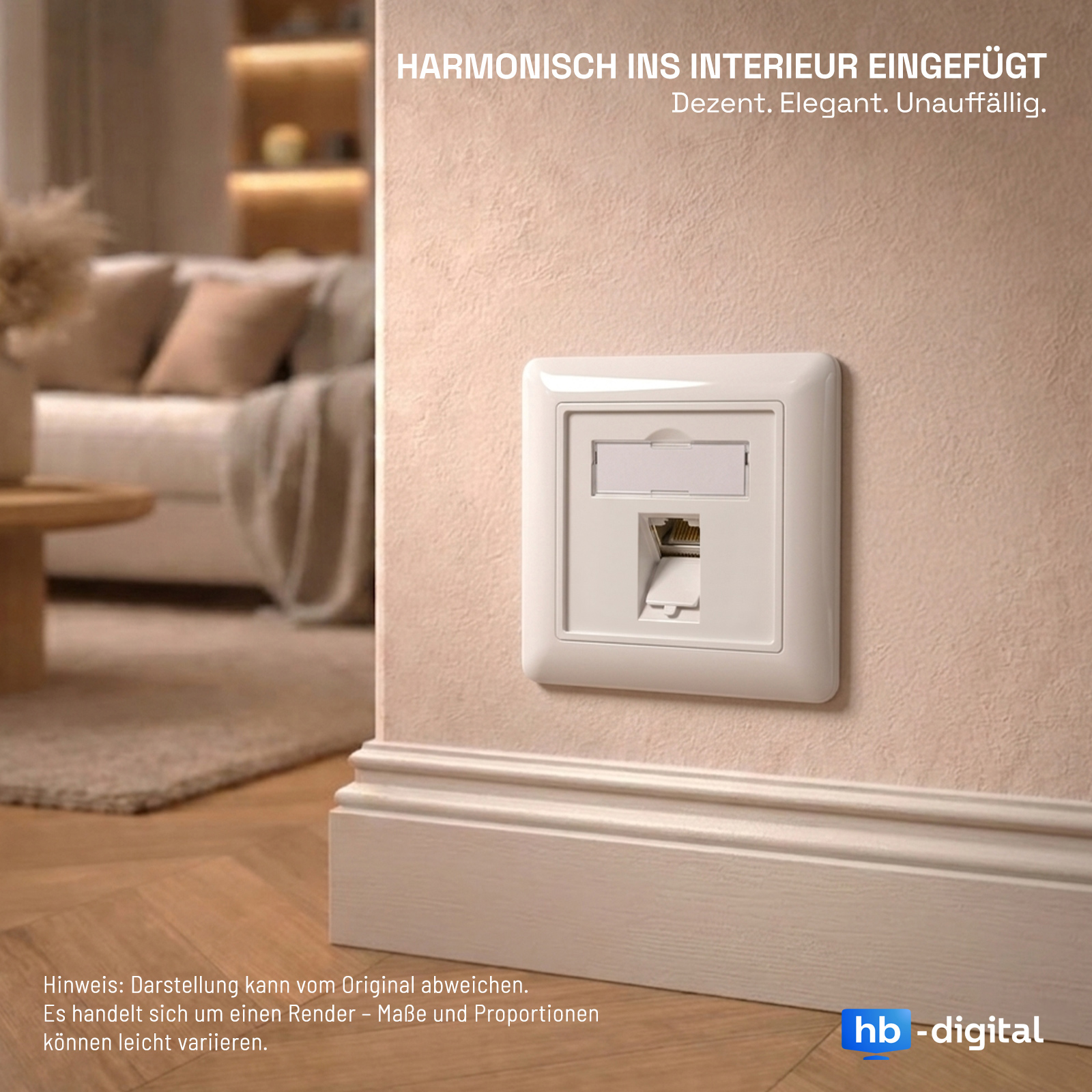 Eine weiße Netzwerkdose an einer beigen Wand in einer modernen, gemütlichen Wohnzimmerumgebung.