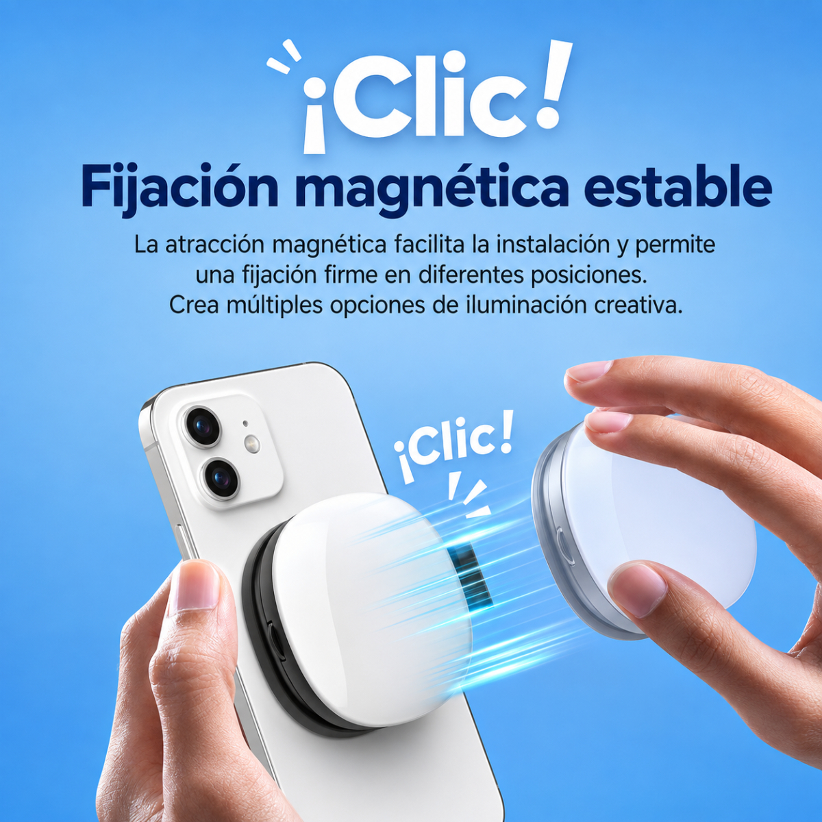 Una mano acopla una luz magnética a la parte trasera de un teléfono inteligente sobre fondo azul.