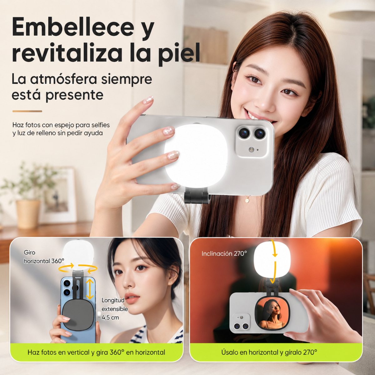 Una mujer sostiene un móvil con aro de luz, mostrando giro de 360 grados e inclinación de 270.