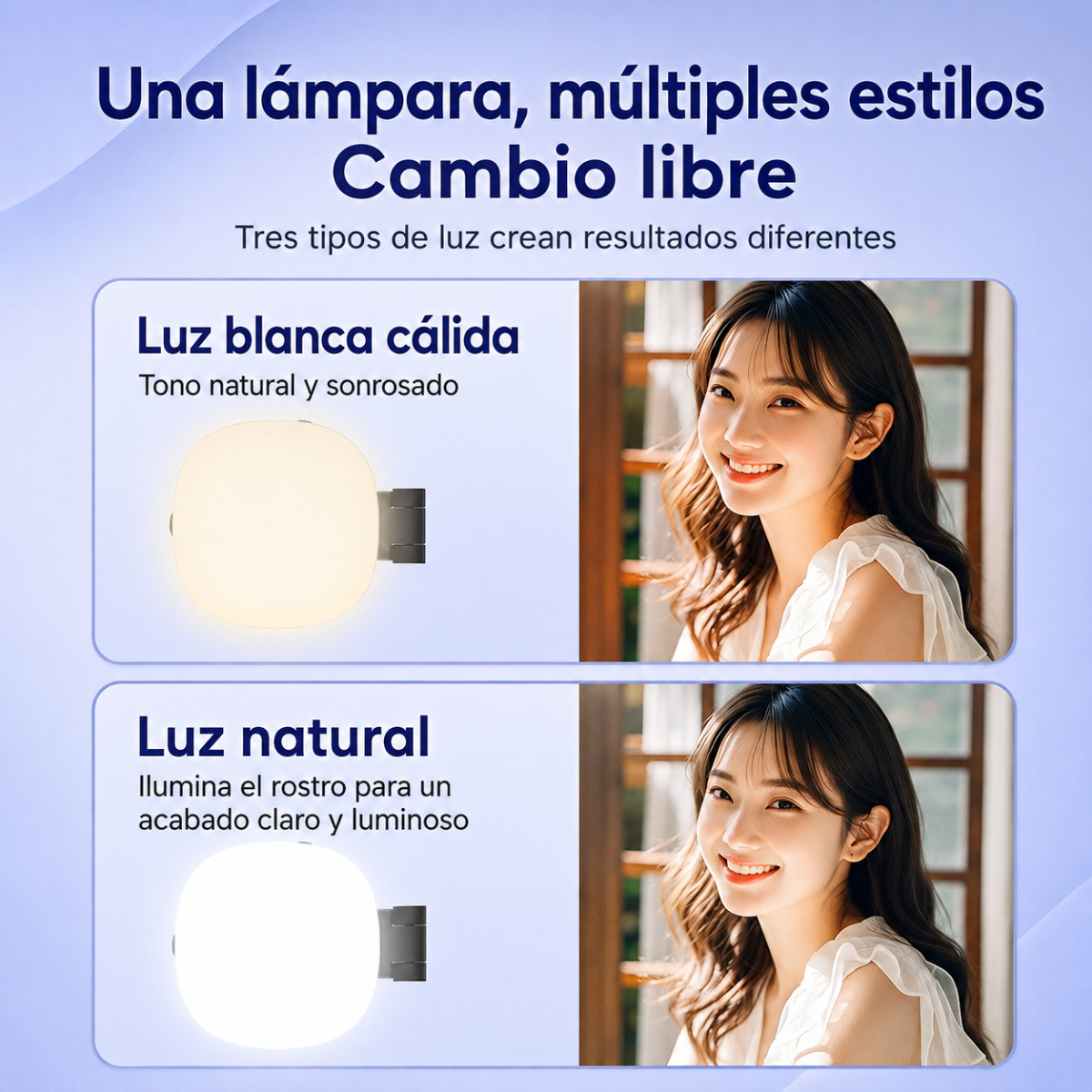 Anuncio de producto que muestra una lámpara con diferentes modos de luz y una mujer sonriente.