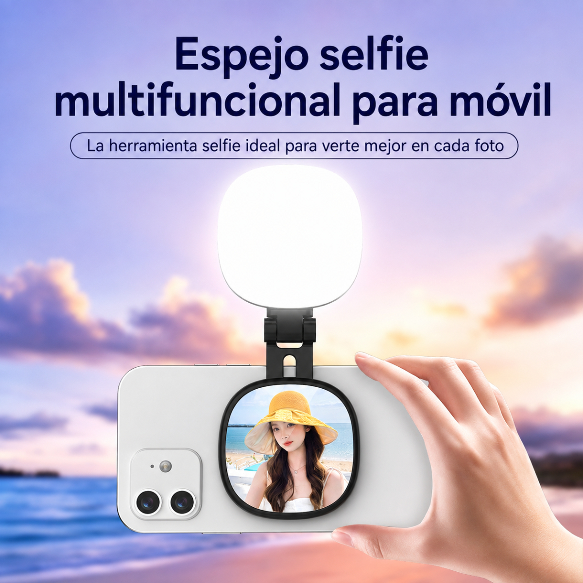 Smartphone con espejo selfie y aro de luz ante un fondo de playa.