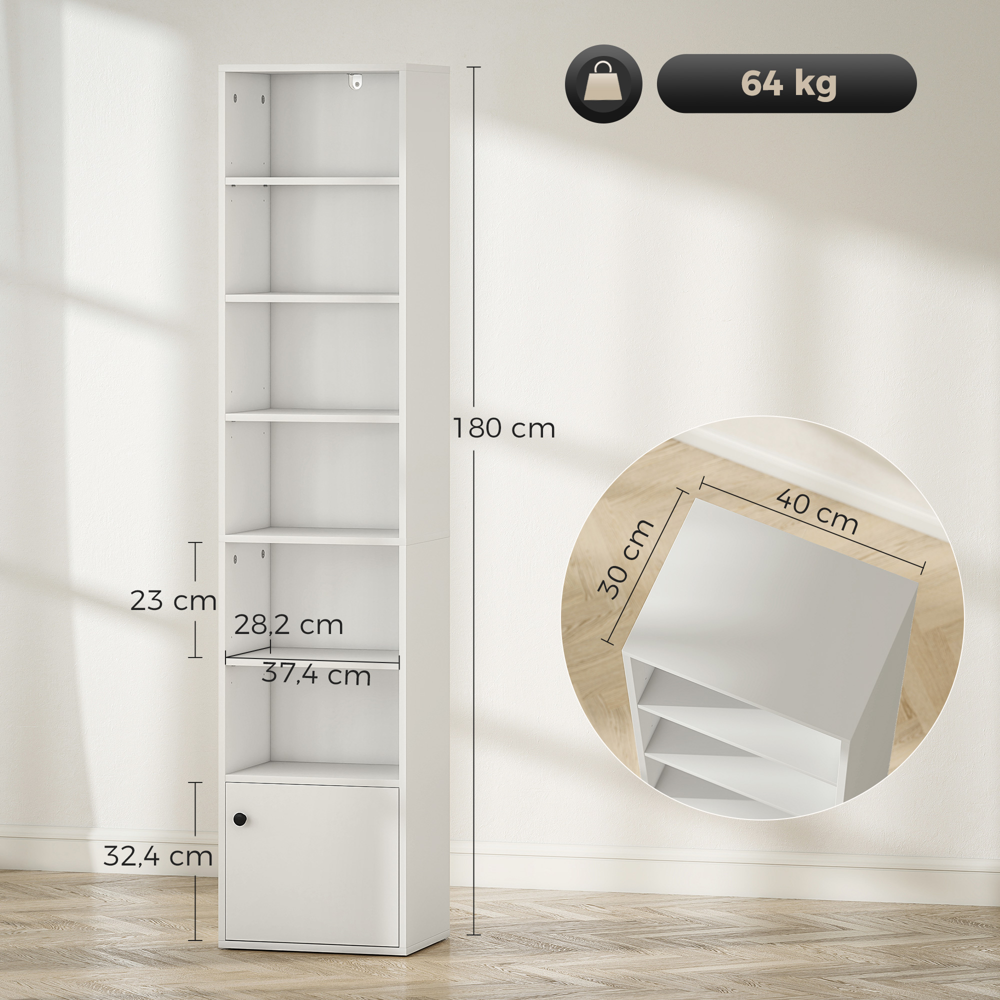 Estantería alta y estrecha blanca con dimensiones de 180 cm de alto, 40 cm de ancho, 30 cm de fondo y 64 kg de peso.
