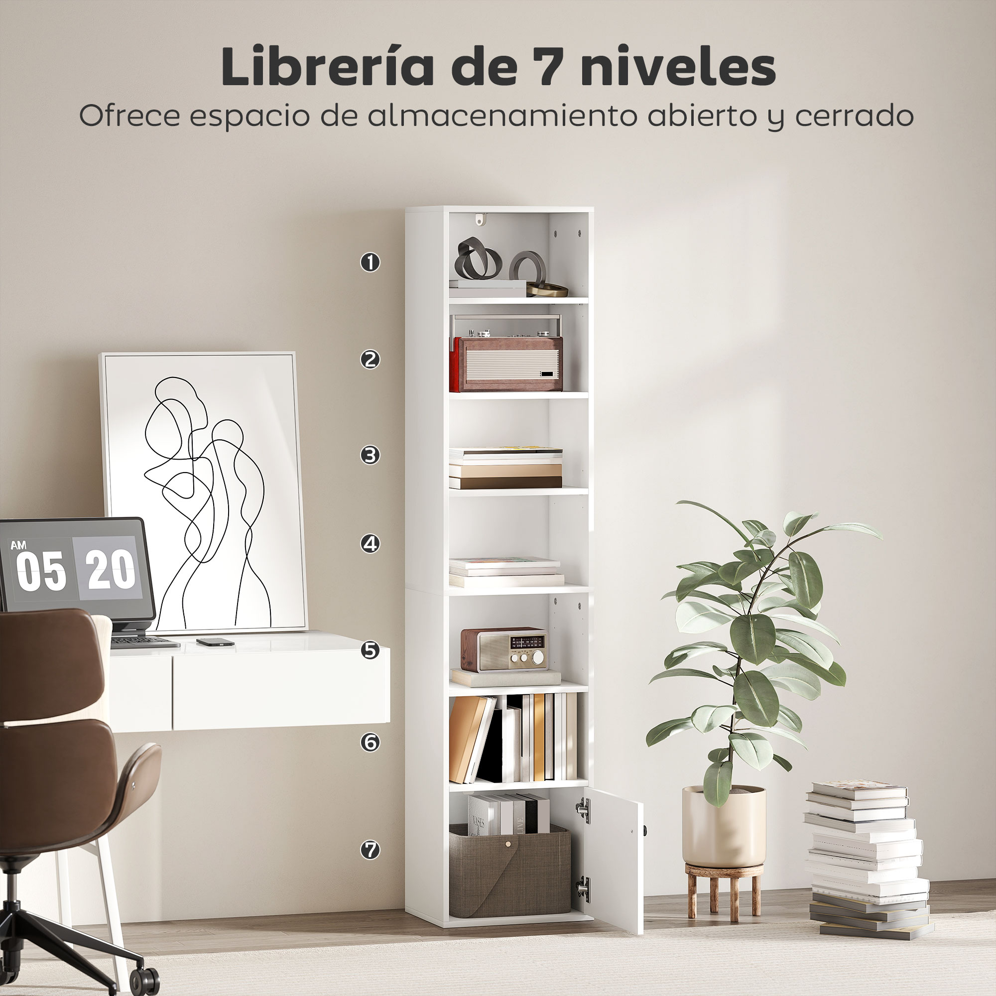Una estantería blanca de siete niveles en una habitación luminosa con escritorio, planta y libros.