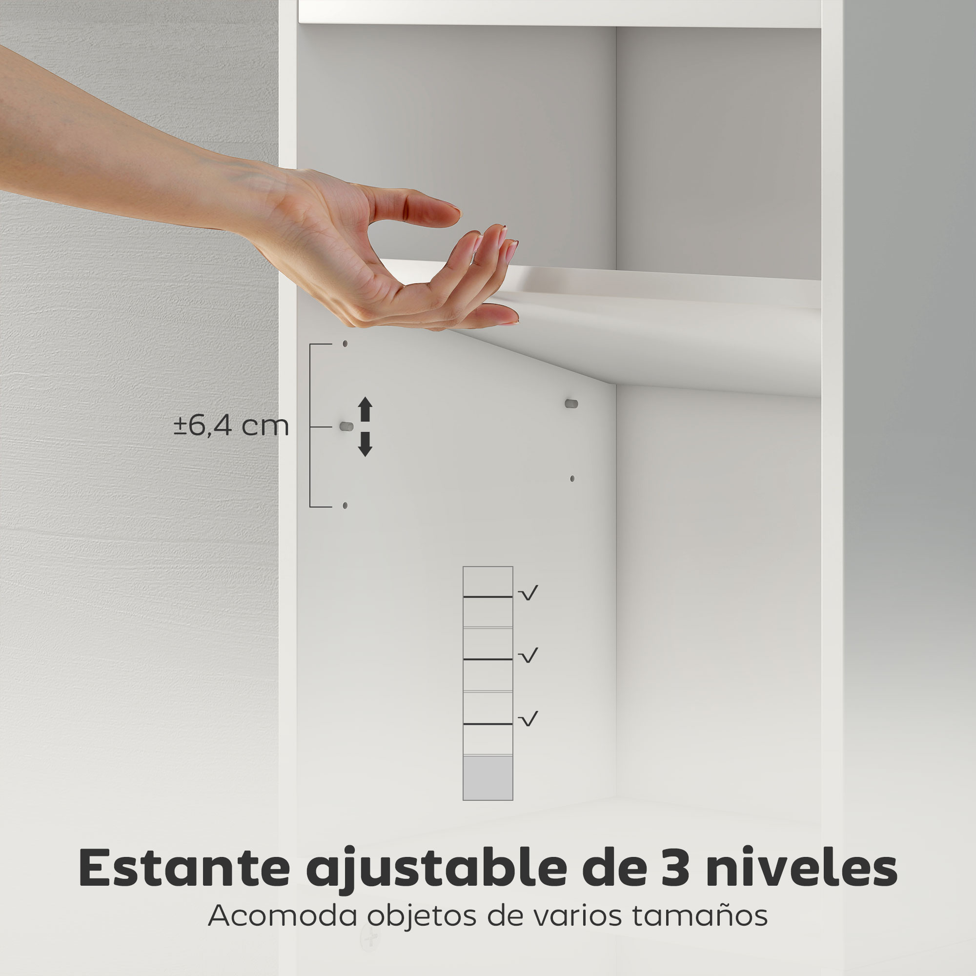 Mano ajustando la altura de un estante blanco con indicadores de medida.