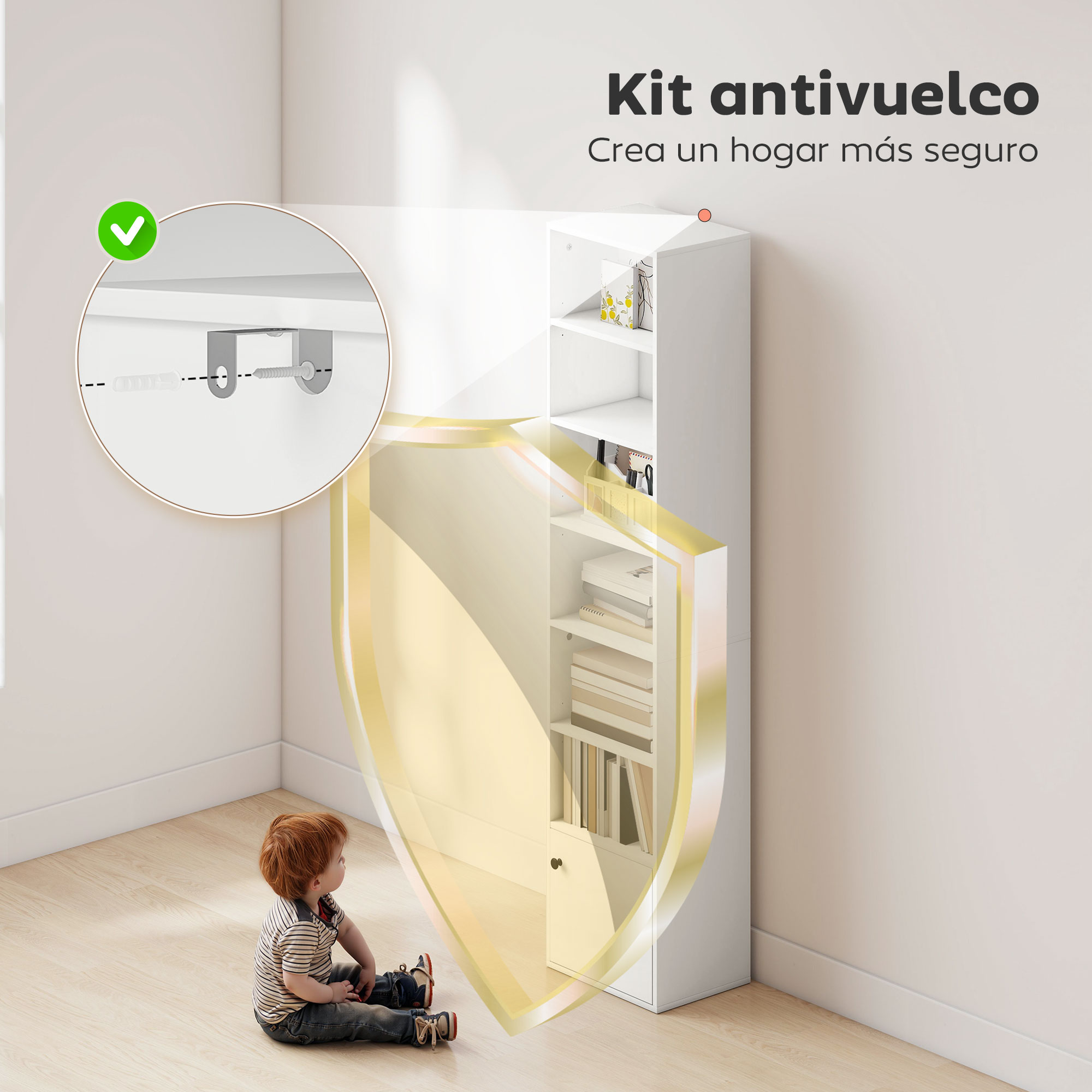 Un niño se sienta junto a una estantería blanca protegida con kit antivuelco.