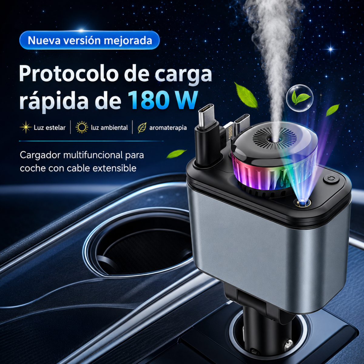Un cargador de coche multifuncional con difusor y cables en una consola, con texto.